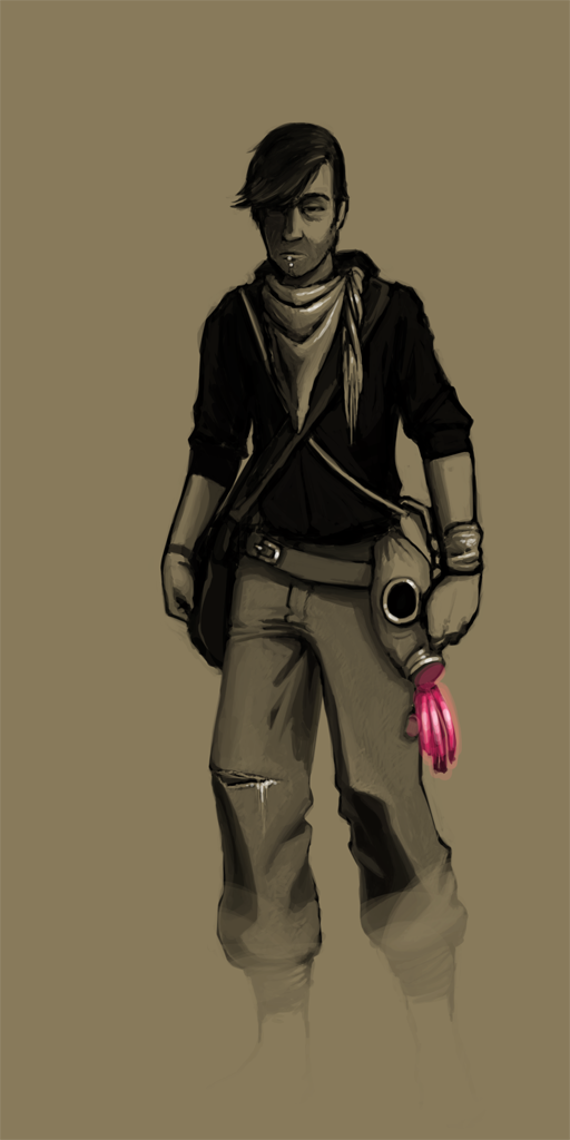 An illustration of a grizzled-looking Phil, wearing a tattered bandana around his neck, a dark hoodie, a rag wrapped around his wrist, a messenger bag slung across his left shoulder, a gas mask hanging from another bag slung across his right shoulder, and torn pants, wrapped at the ankles, with an implication of dust shrouding his feet