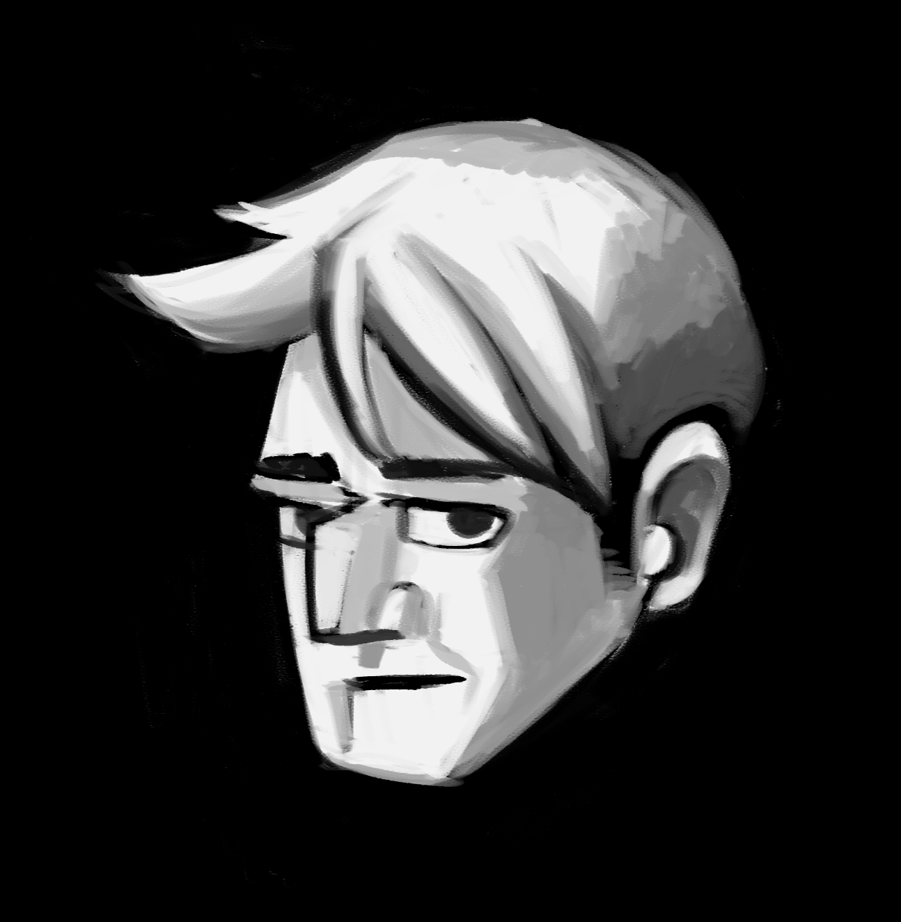 A black and white digital drawing of a face side-eyeing the camera