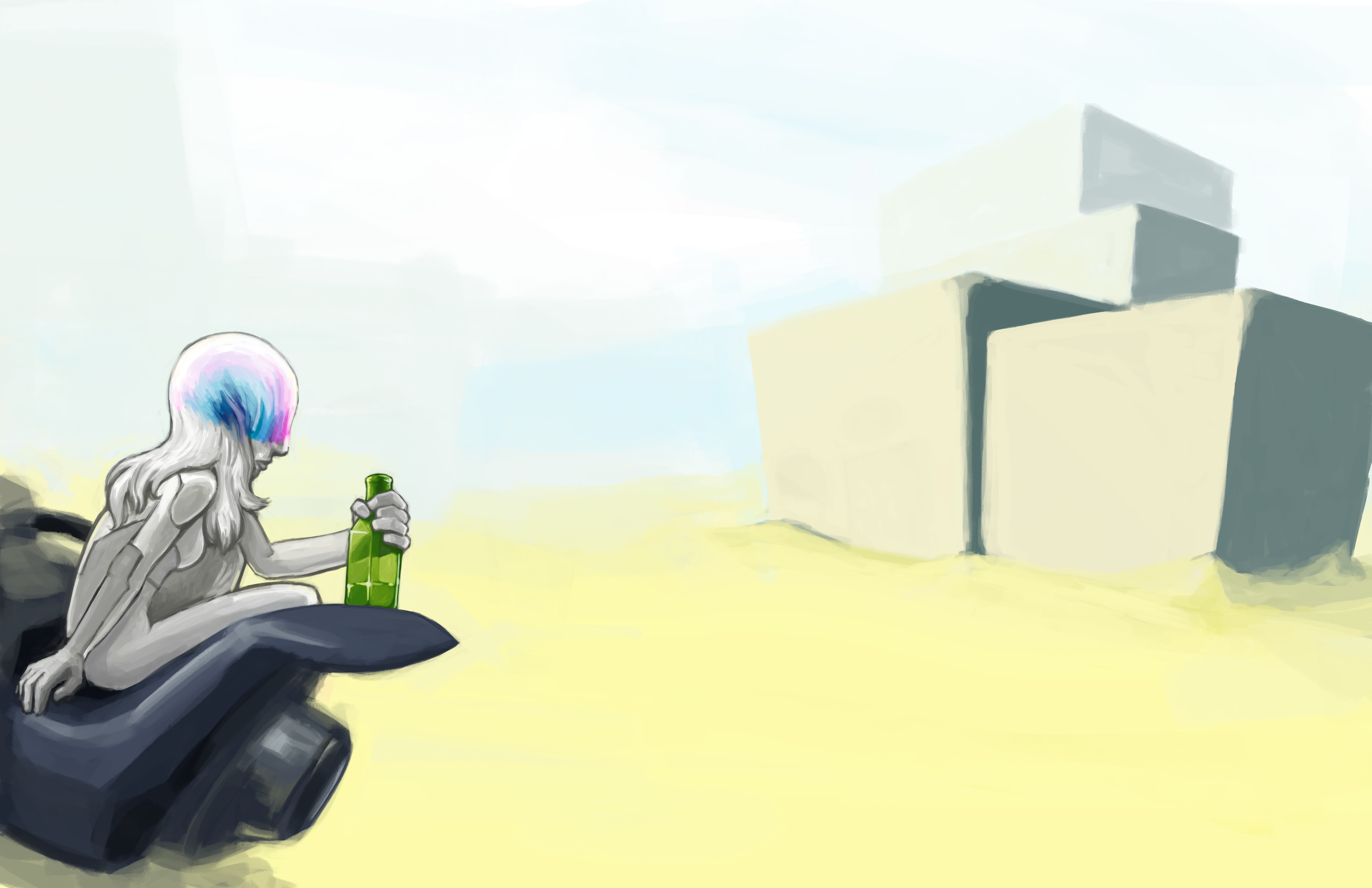 A futuristic character wearing a light-based helmet sitting on a hover bike, drinking from a square green bottle, looking at distant buildings in an urban desert landscape
