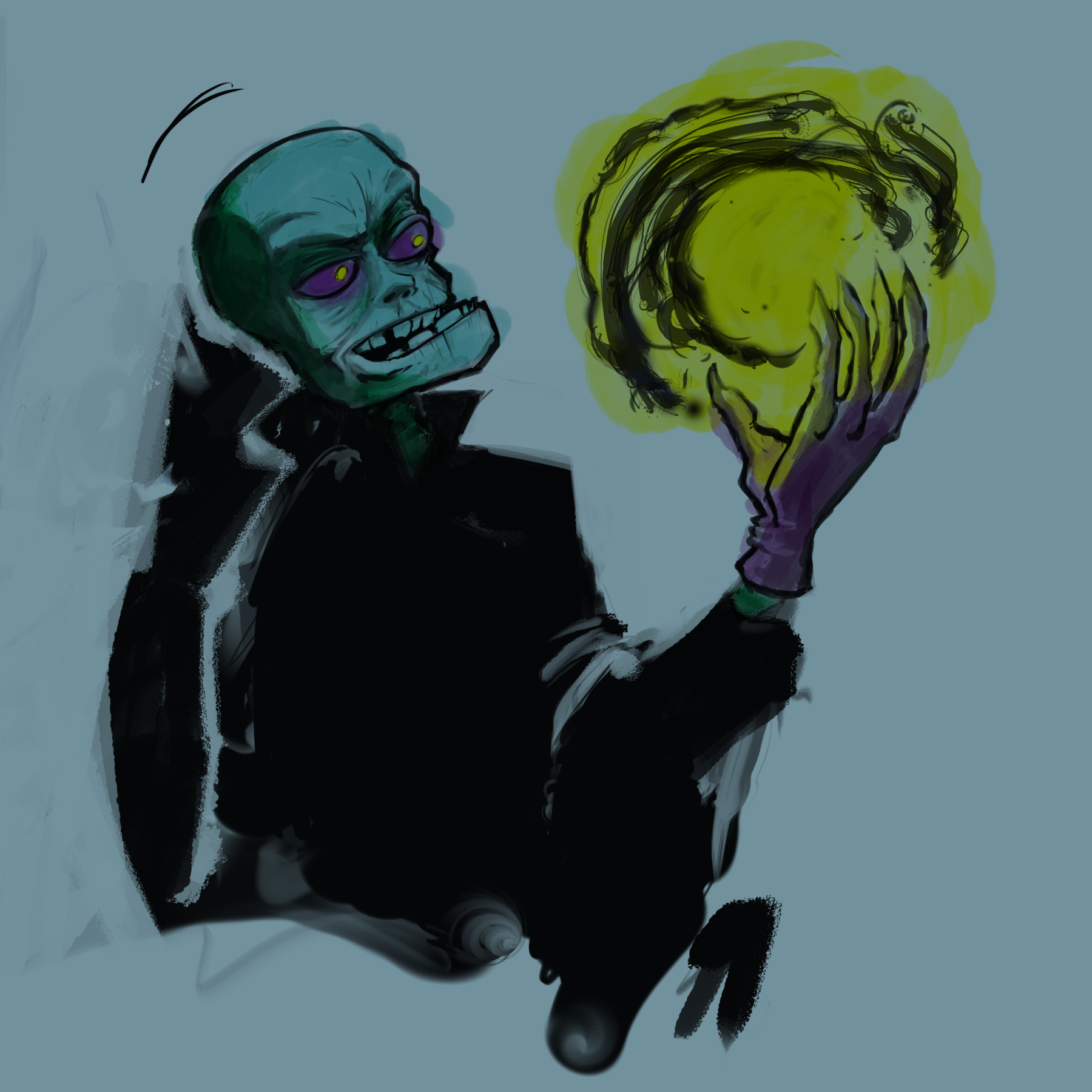 An earlier iteration of a cartoonish green-skinned figure in a dark cloak staring at an orb of yellow light in the palm of their purple-gloved left hand