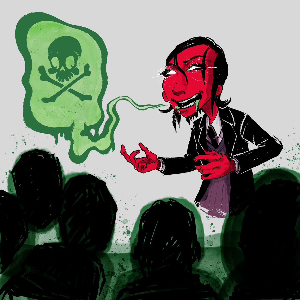 A red-skinned person with shining white eyes speaking poison to a silhouetted crowd