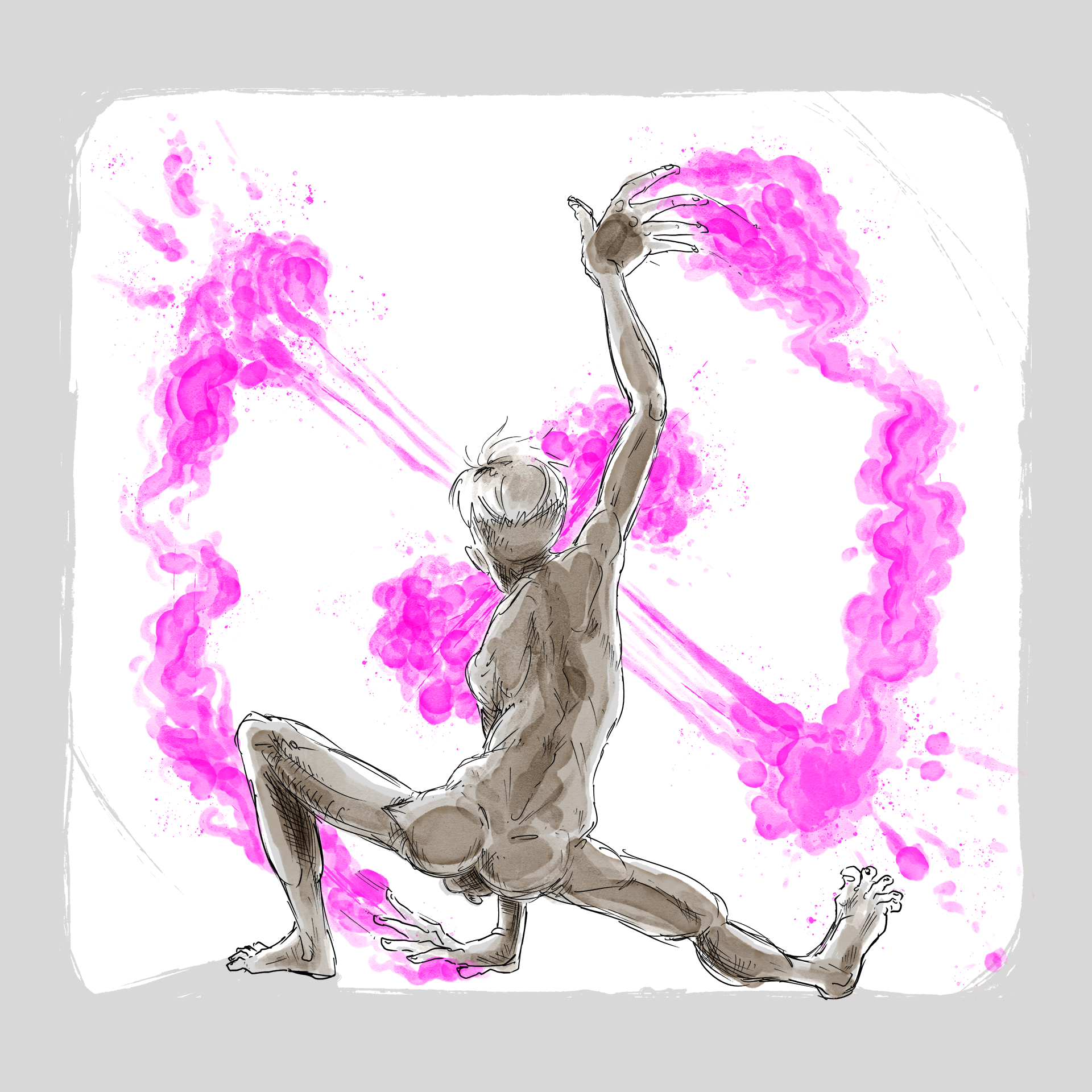 A naked man from behind, squatting with arms outstretched, spreading magical dust in a pattern