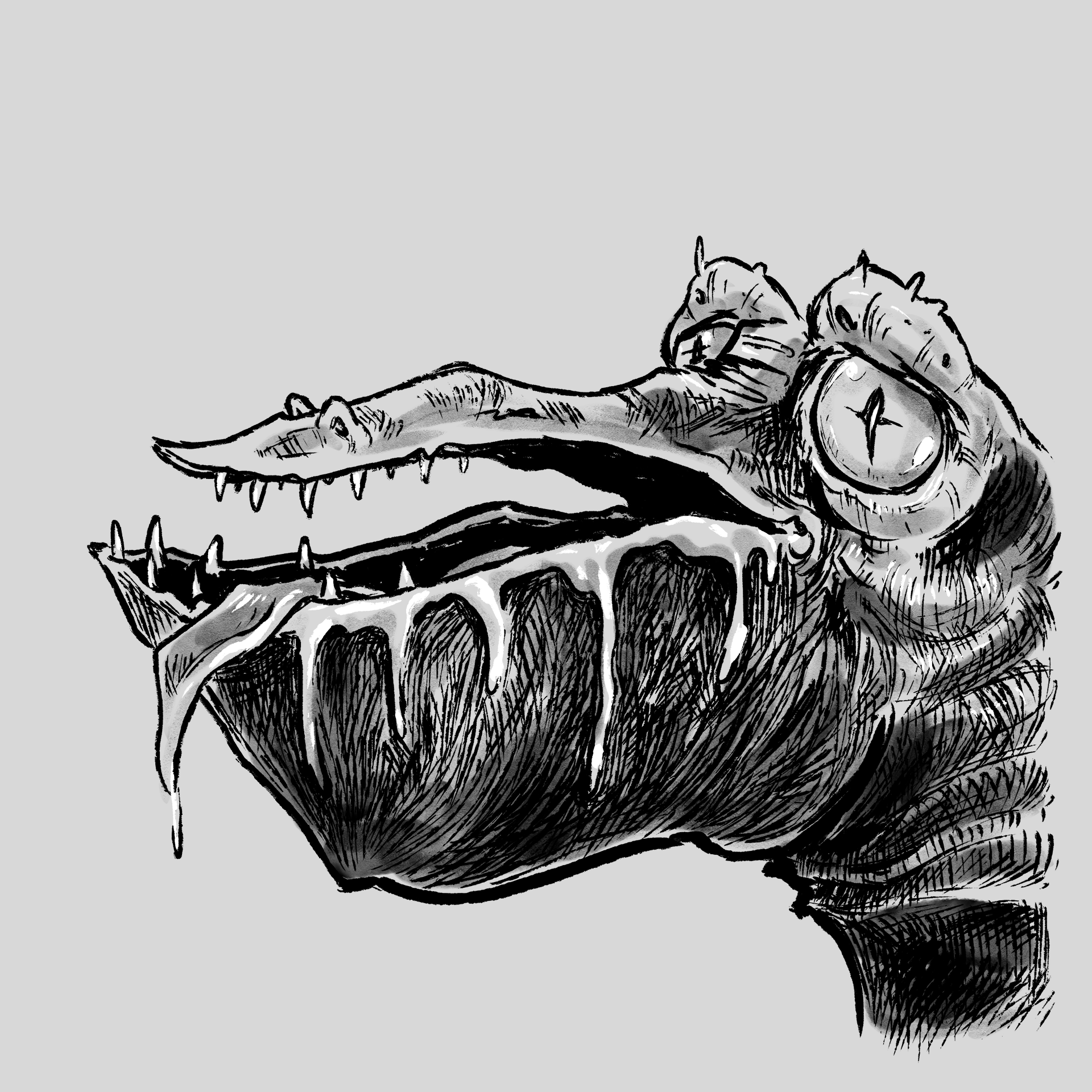 A reptillian creature of some sort drooling with its tongue sticking out