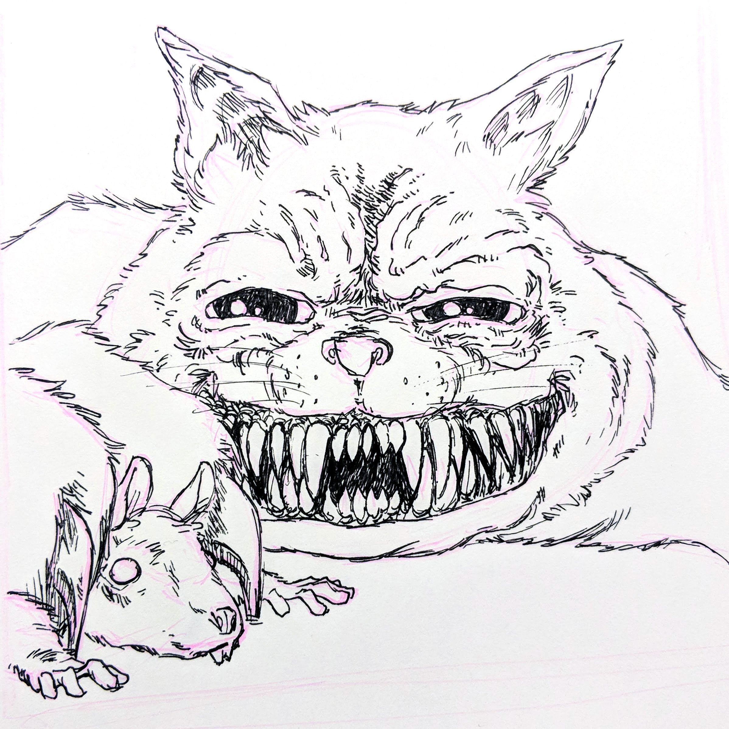 A large cat with a wide, hideous grin and glassy eyes holding a mouse under it's claws