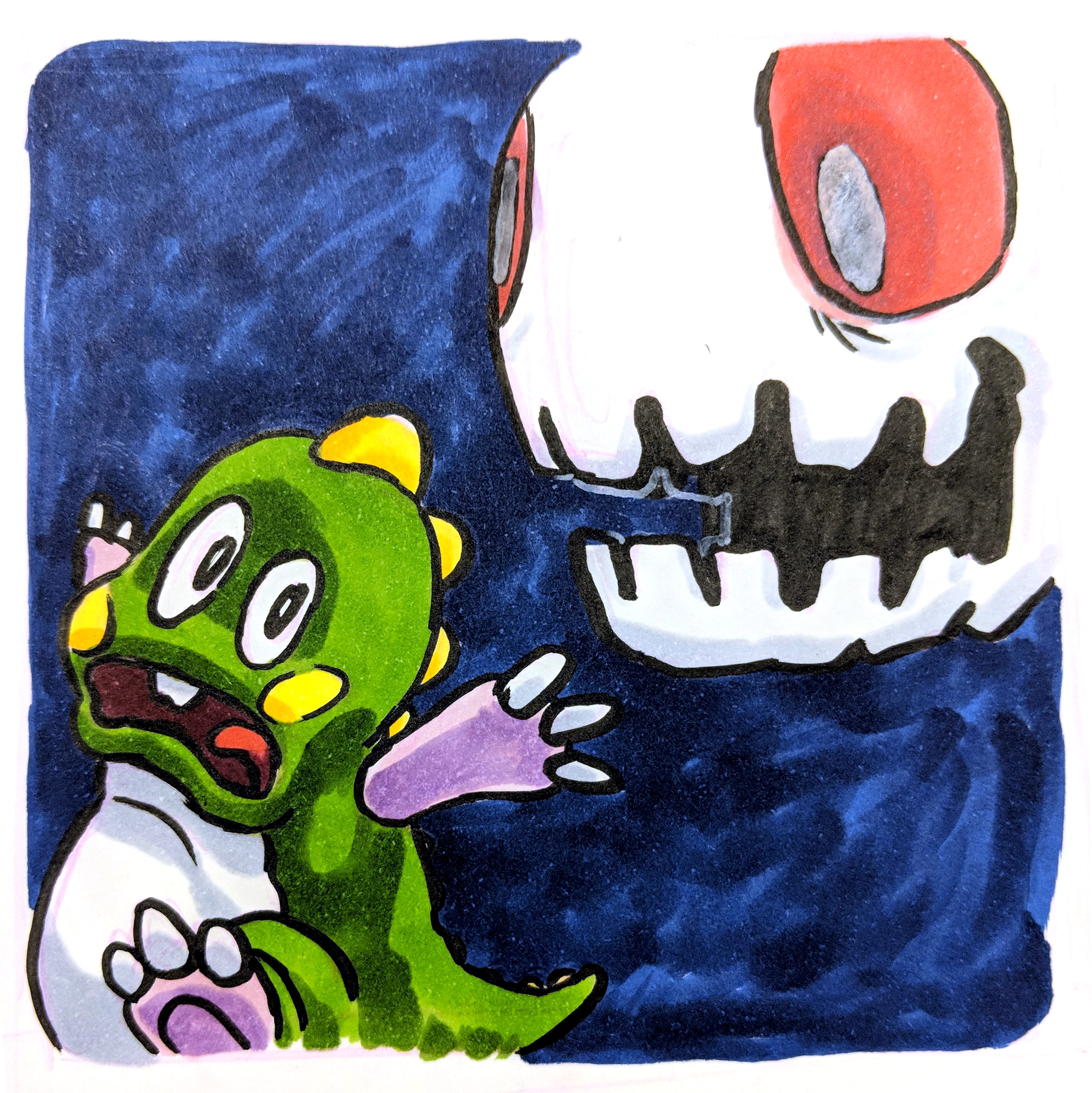 Bub from Bubble Bobble running scared from a Monsta