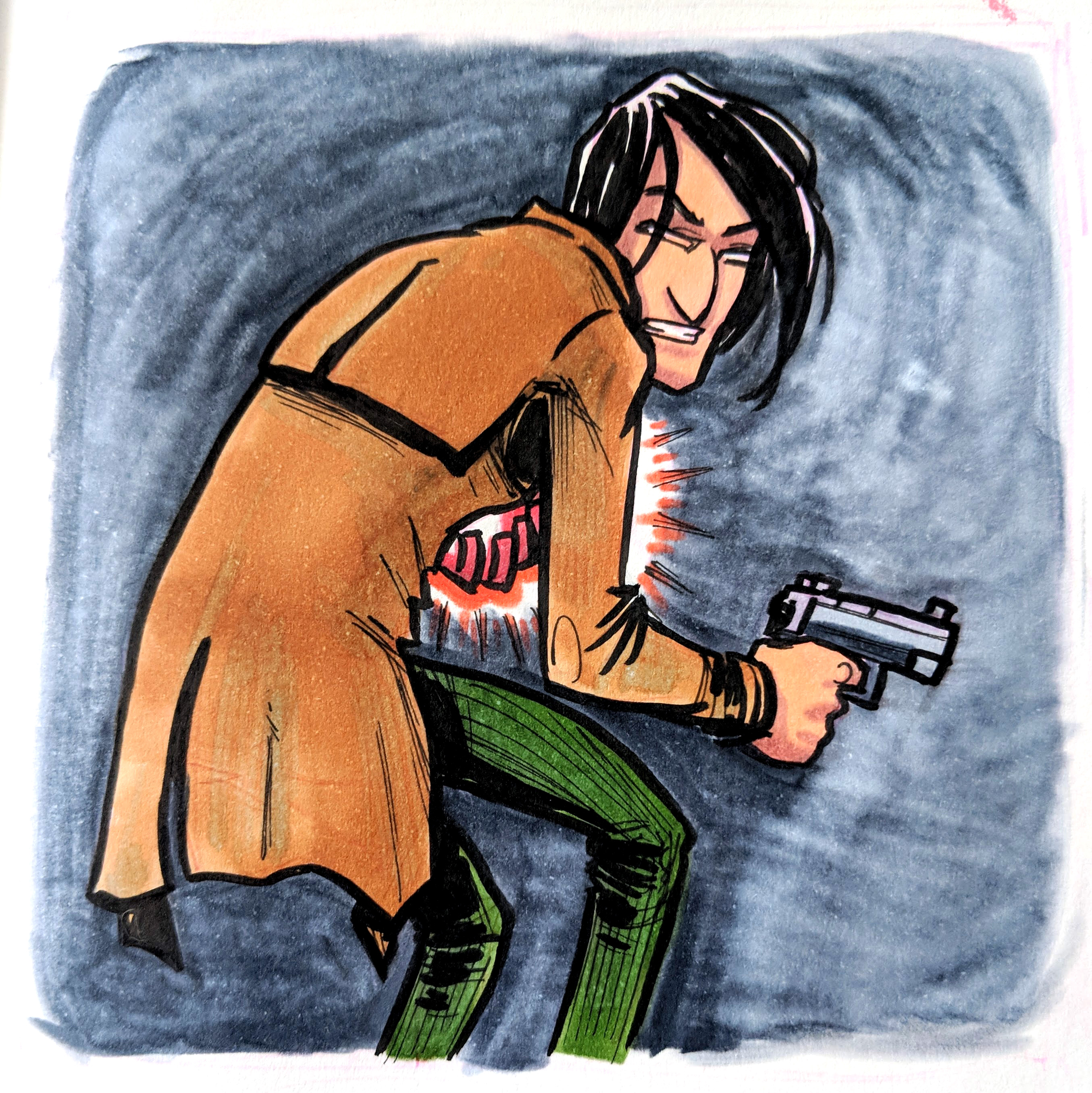 A character bent over holding their left arm to their glowing chest, and a handgun in their right hand