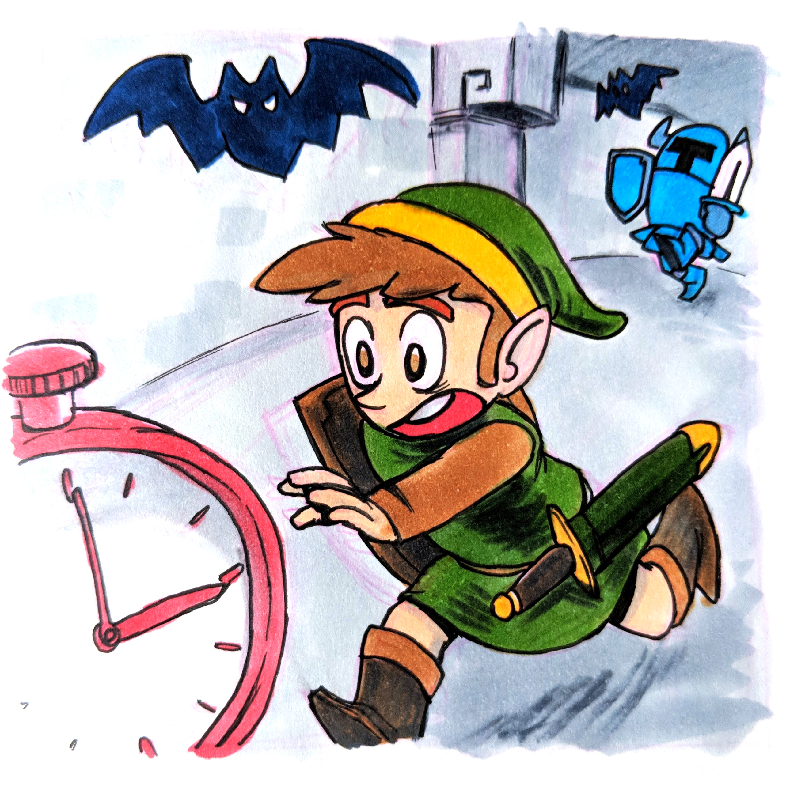 Link running toward a clock while being chased by Keeses and a Darknut