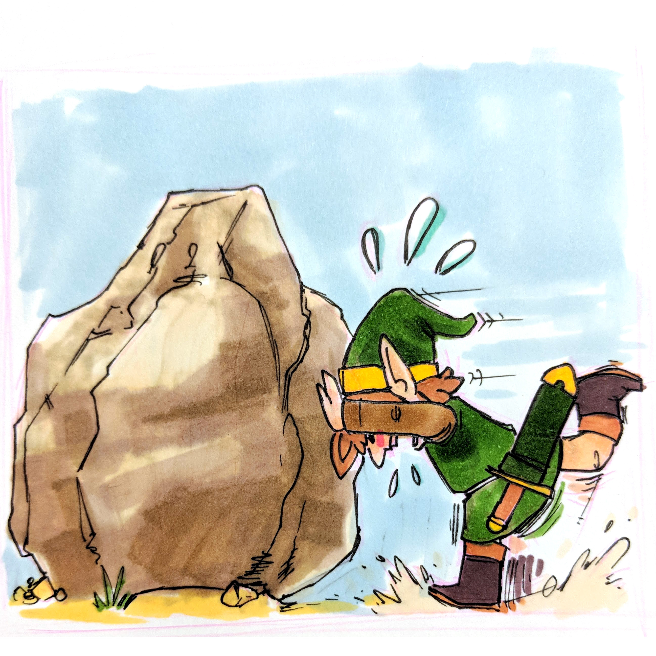 Link struggling to push a rock