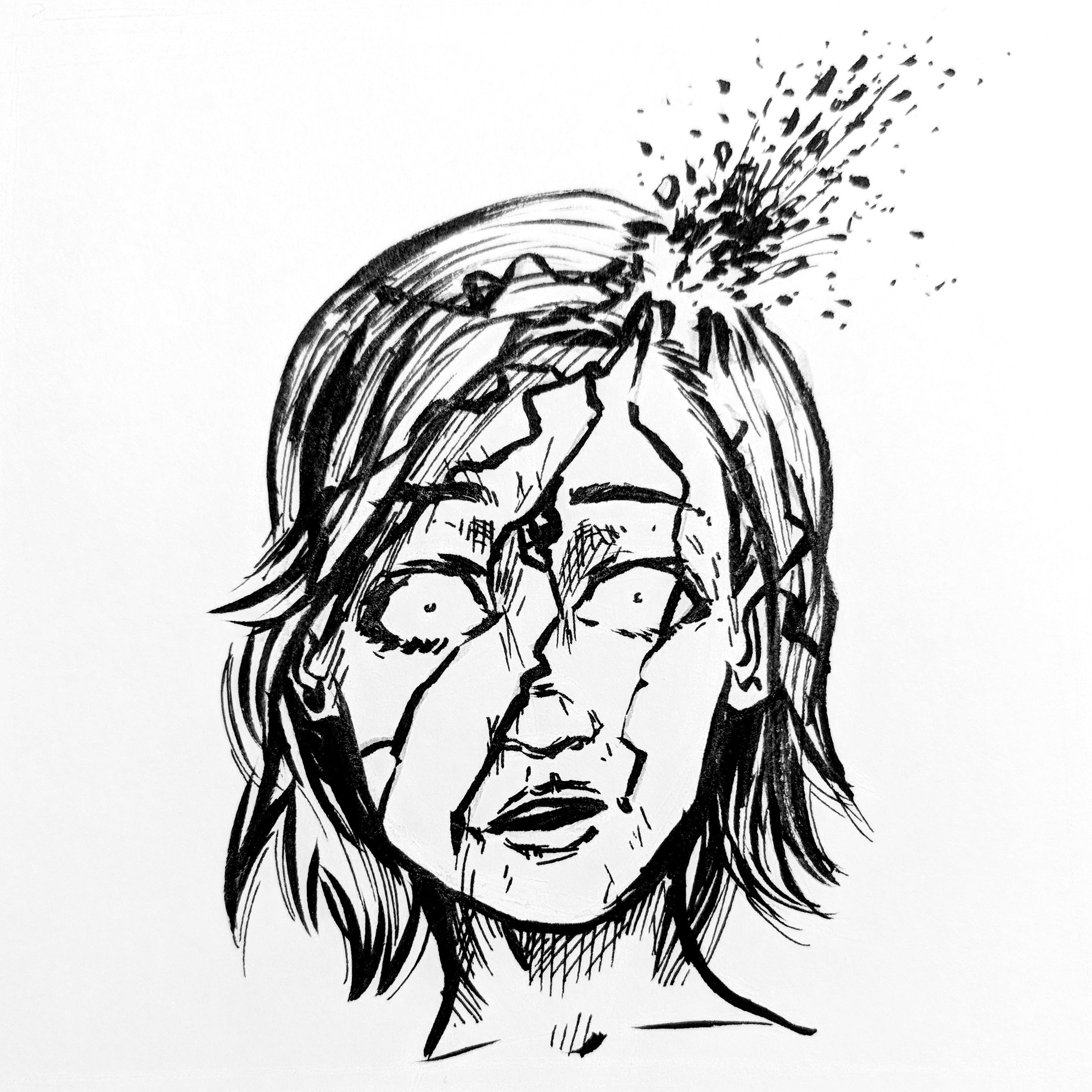 A face cracked to pieces, with a small explosion at the confluence of the cracks