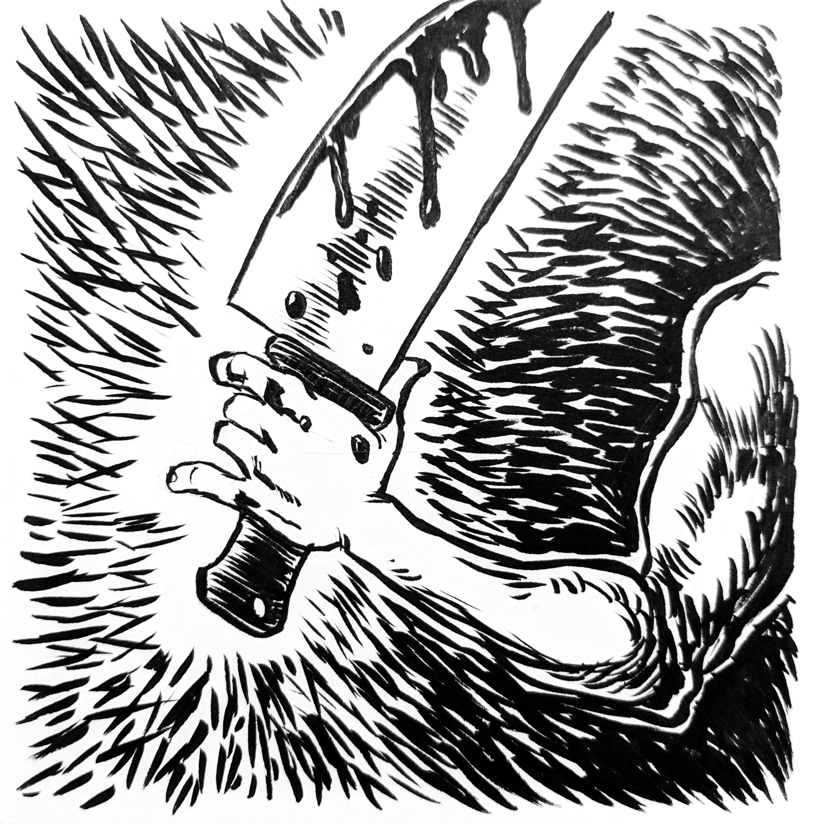 An arm holding out a cartoonishly large, bloody knife