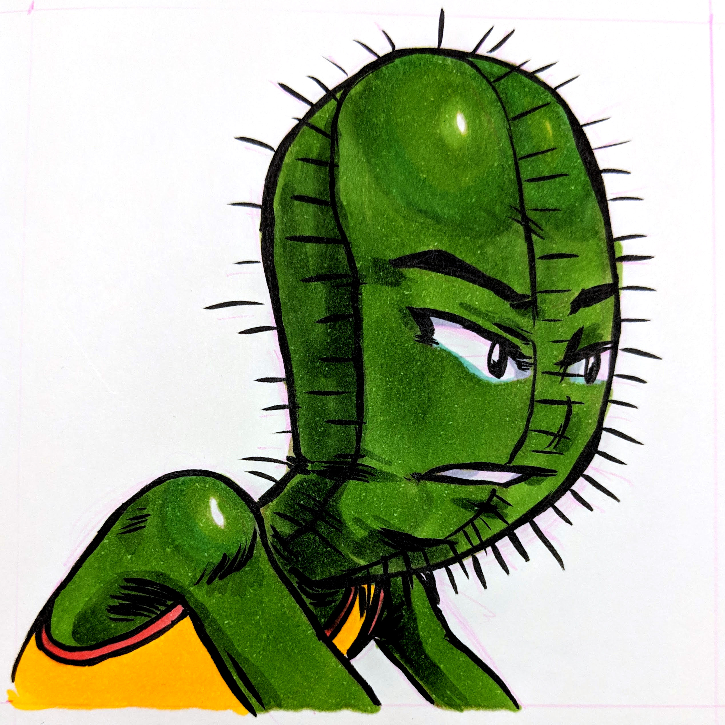 A cactus-faced character in a yellow tanktop