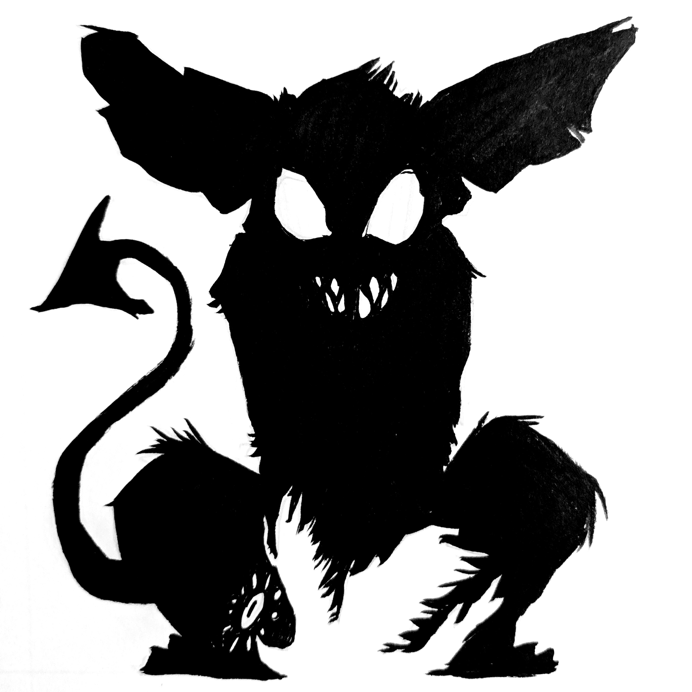 An angelic dead bird in negative silhouette at the feet of a demonic-looking cat in silhouette