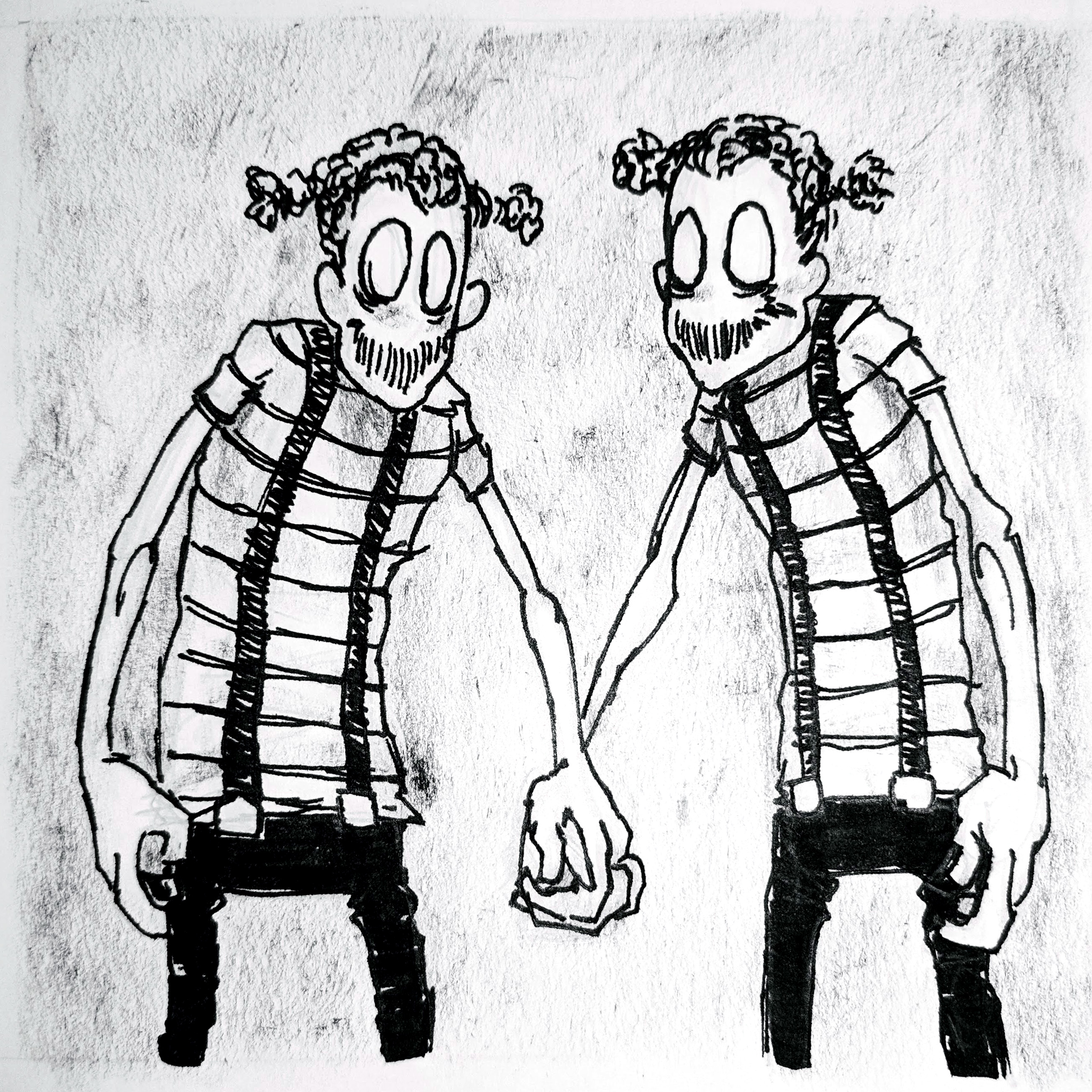 Twin evil clown-ish characters holding hands