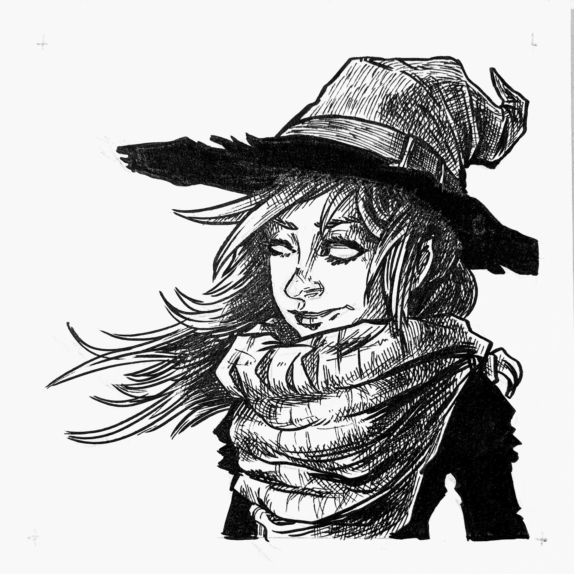 A witch wearing a very large scarf and a ragged hat