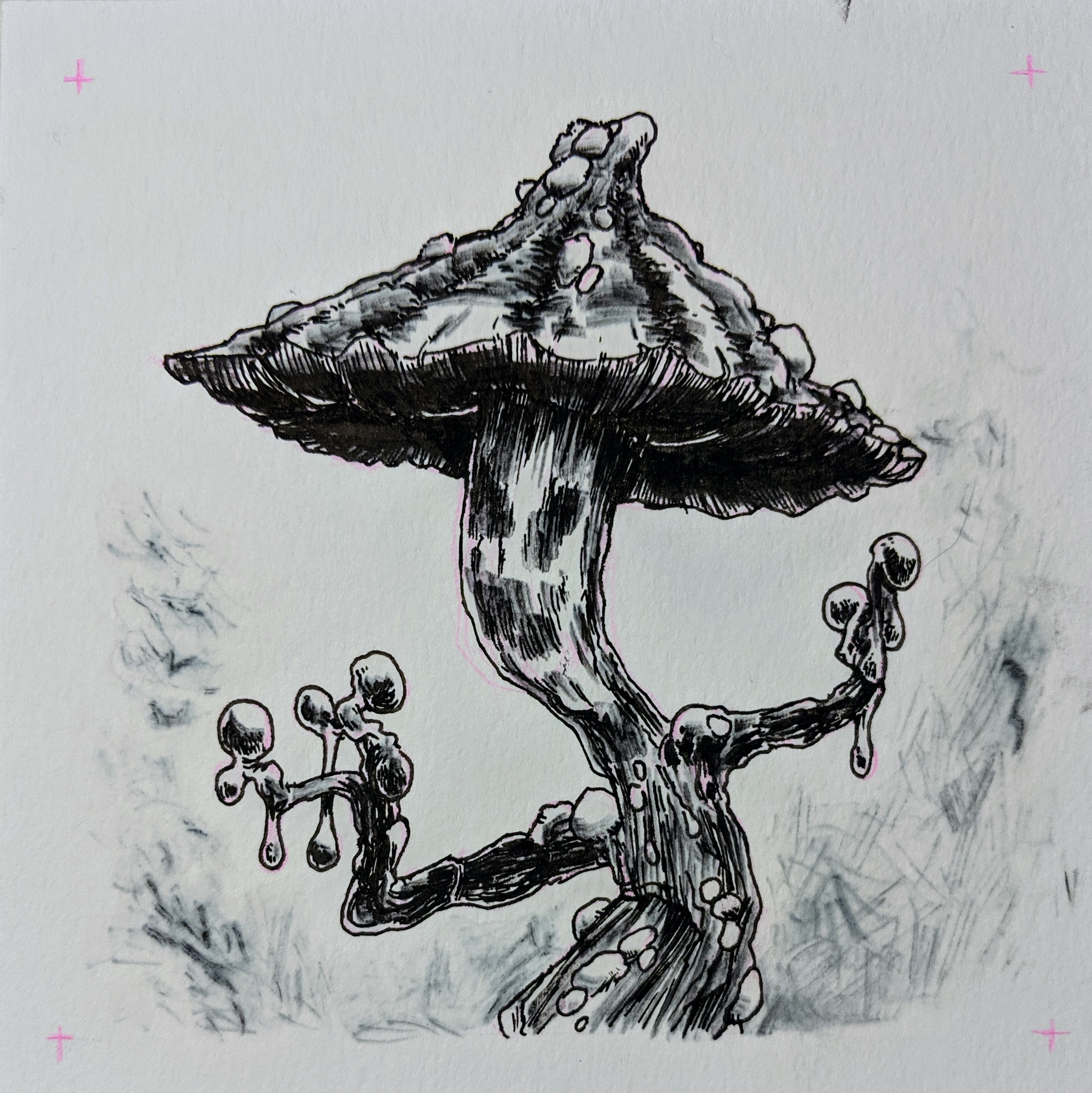 A mushroom with a face and pustule-ridden arms letting loose a cloud of spores