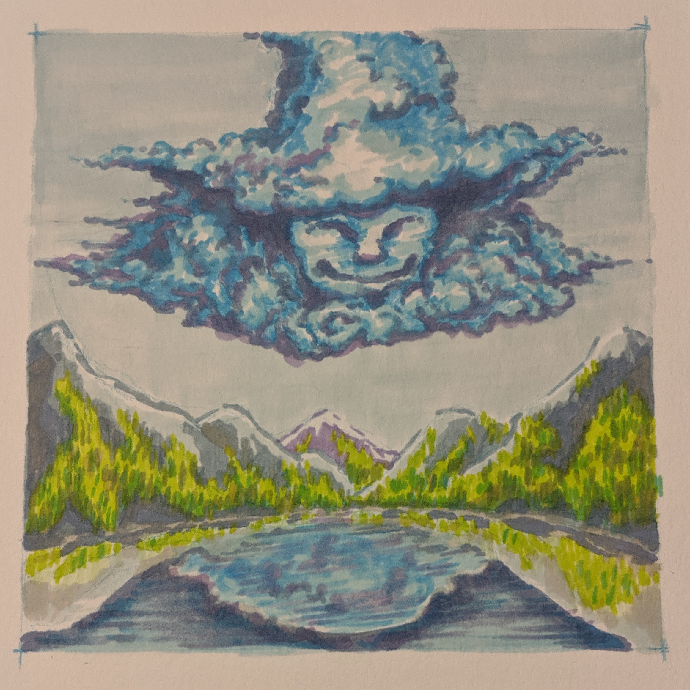 A witch-faced cloud hovering over a placid lake surrounded by forested mountains