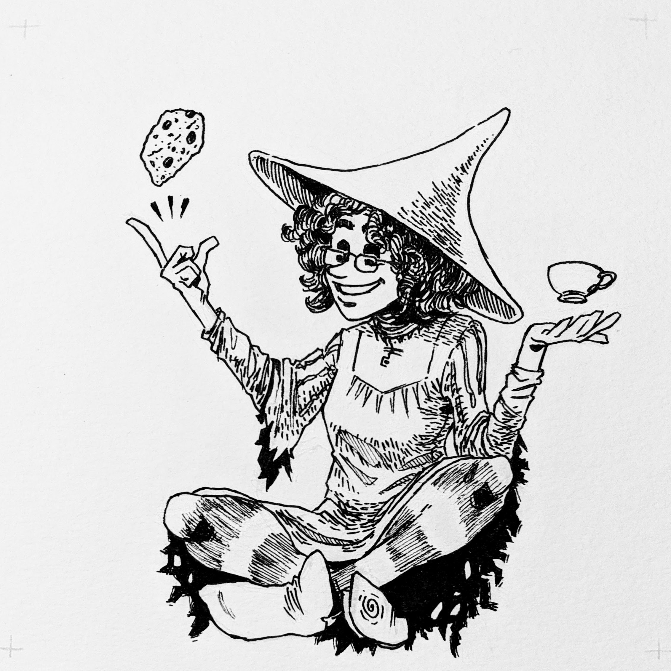 A happy witch levitating a cup of tea above one hand and manifesting a scone with a finger snap with the other