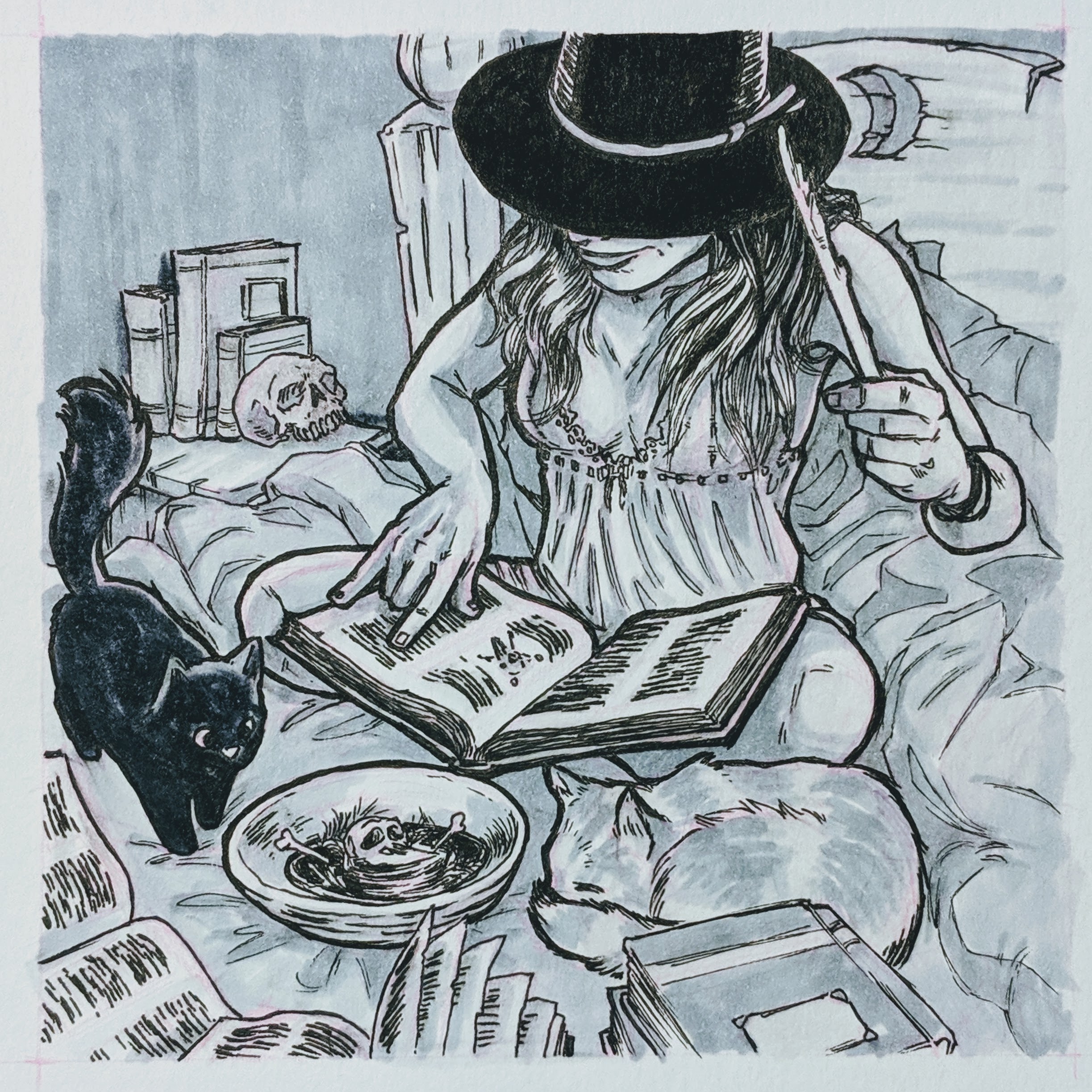 A witch in bed practicing spells out of a book, surrounded by books and cats