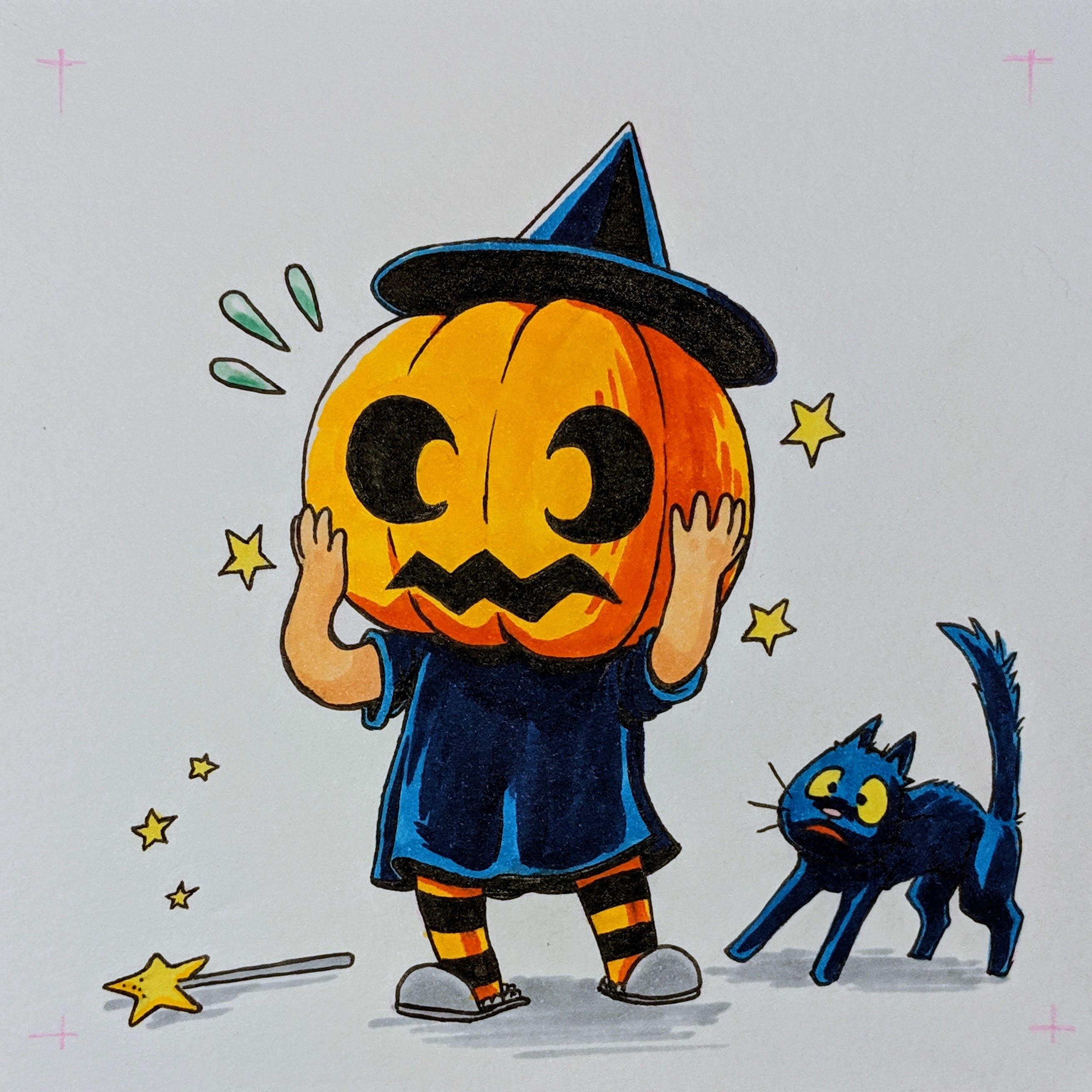 A child witch is in a panic after changing their own head into a jack-o-lantern, with their frightened black cat behind them