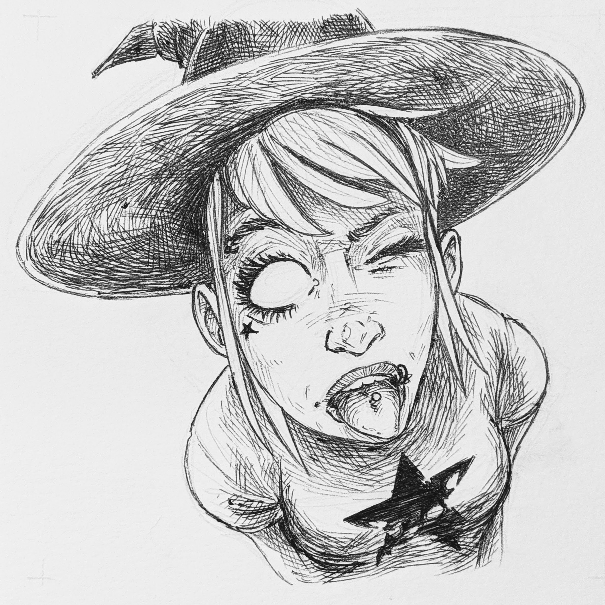 A punk witch with an eyebrow piercing, tongue piercing, and face tattoo of a star sticks out their tongue as they stare up at the camera, winking