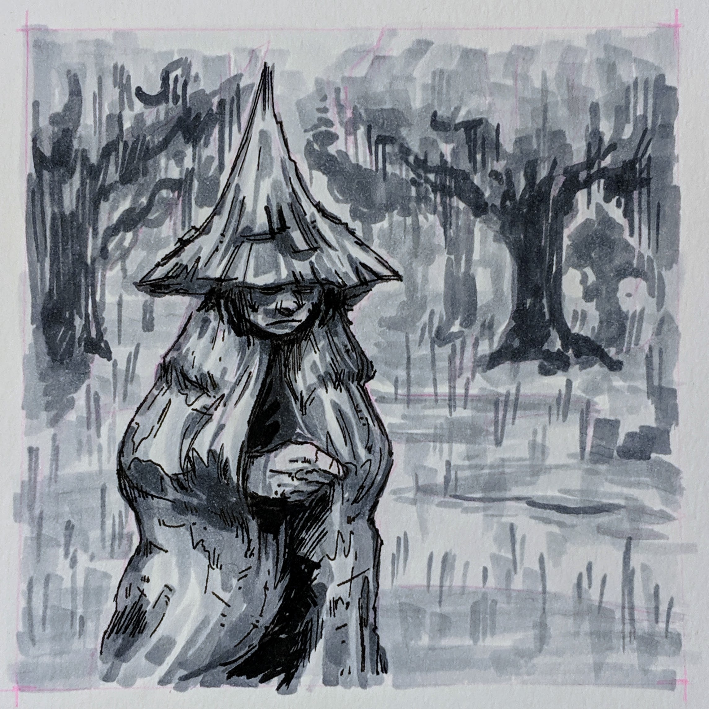 A damp and dreary looking witch walking through a swamp