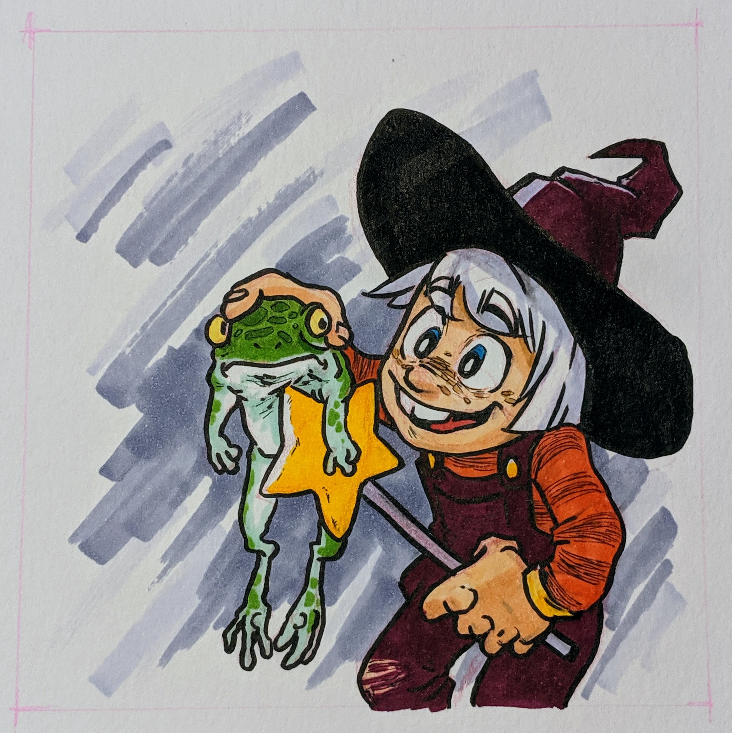 A child witch holding a perturbed frog and taunting it with their wand