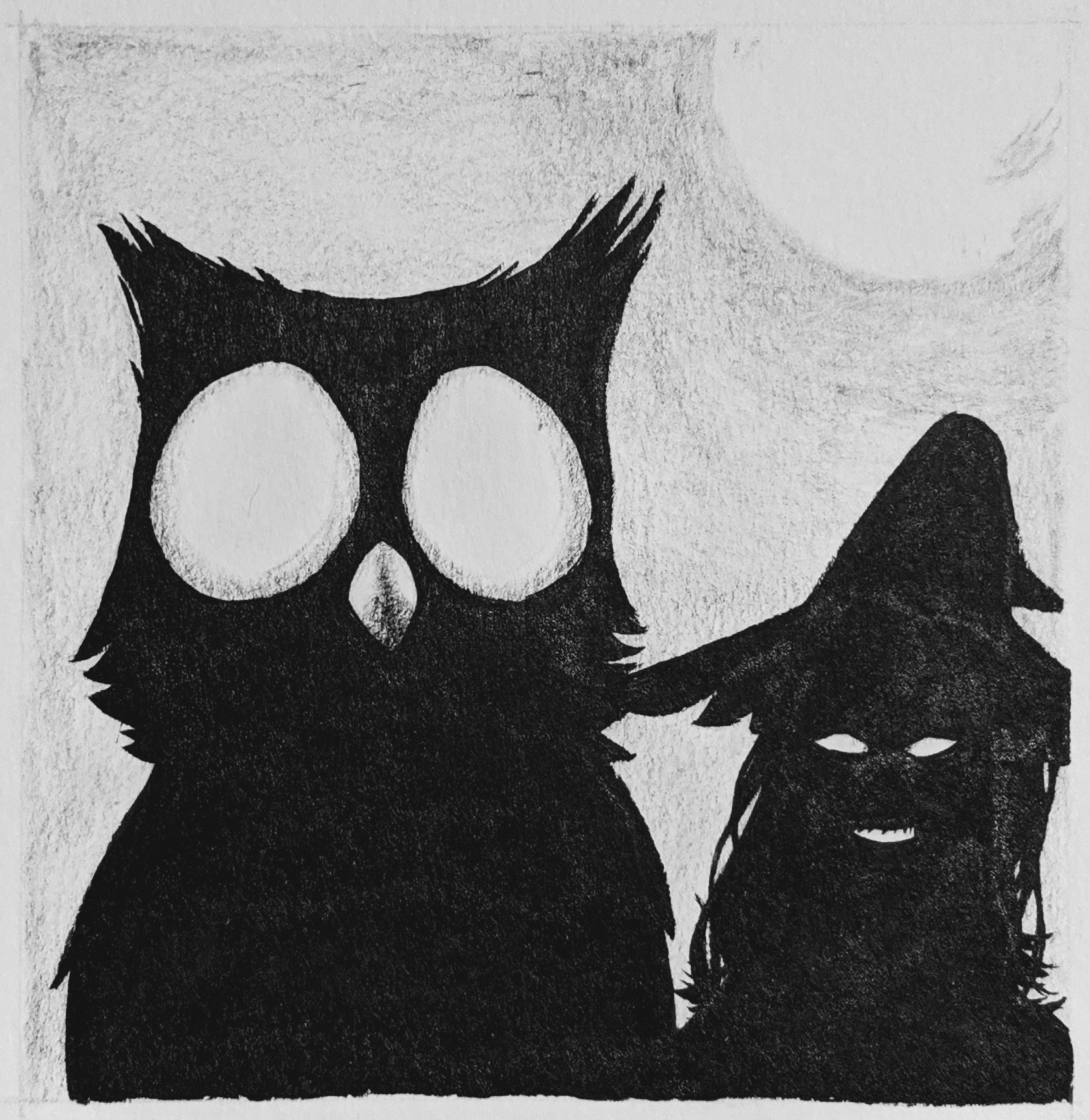 An owl in silhouette with glowing eyes and beak in front of a witch, also in silhouette with glowing eyes and teeth