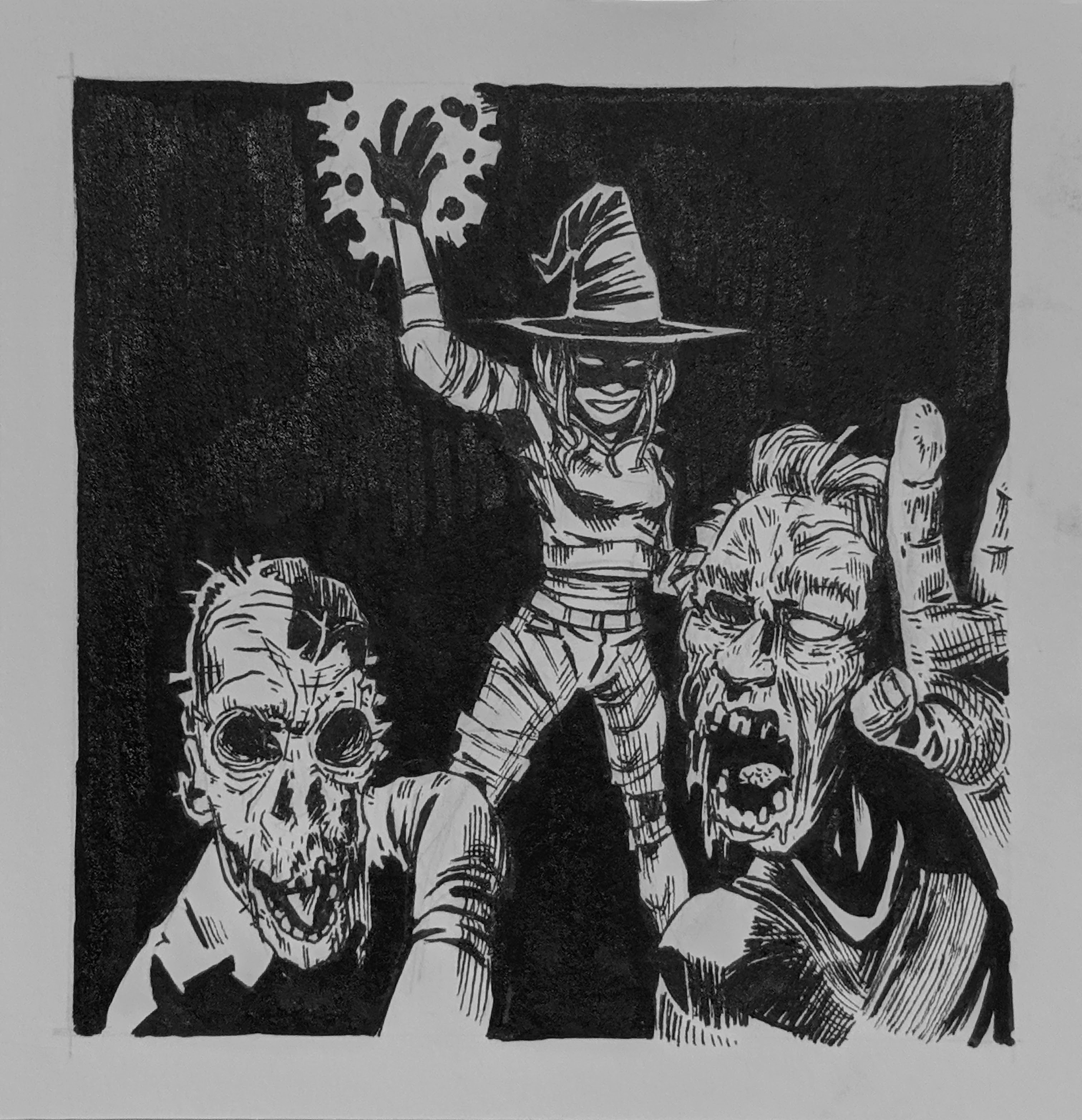 A witch with a raised hand casting a spell controlling two zombies