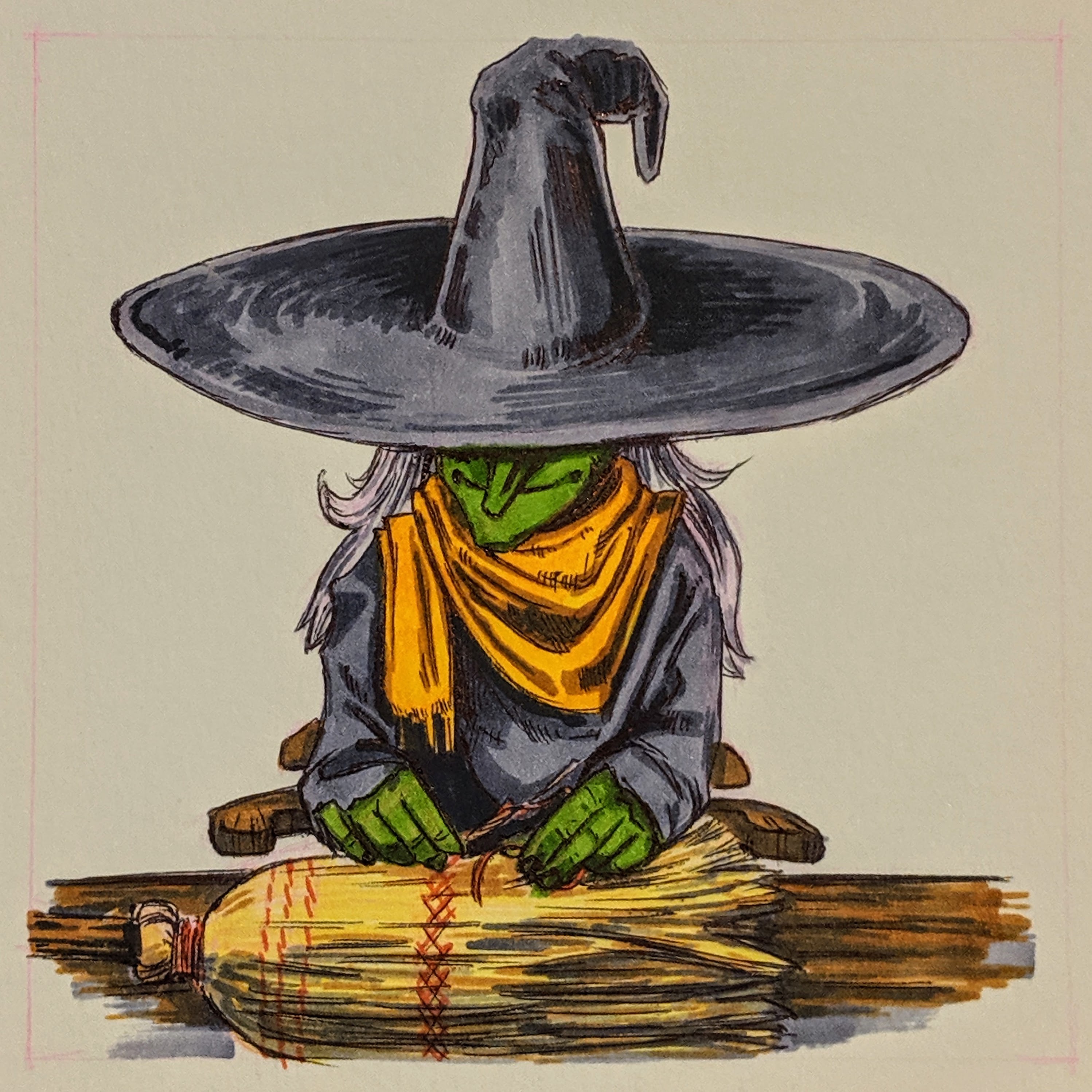 A witch carefully mending their broom