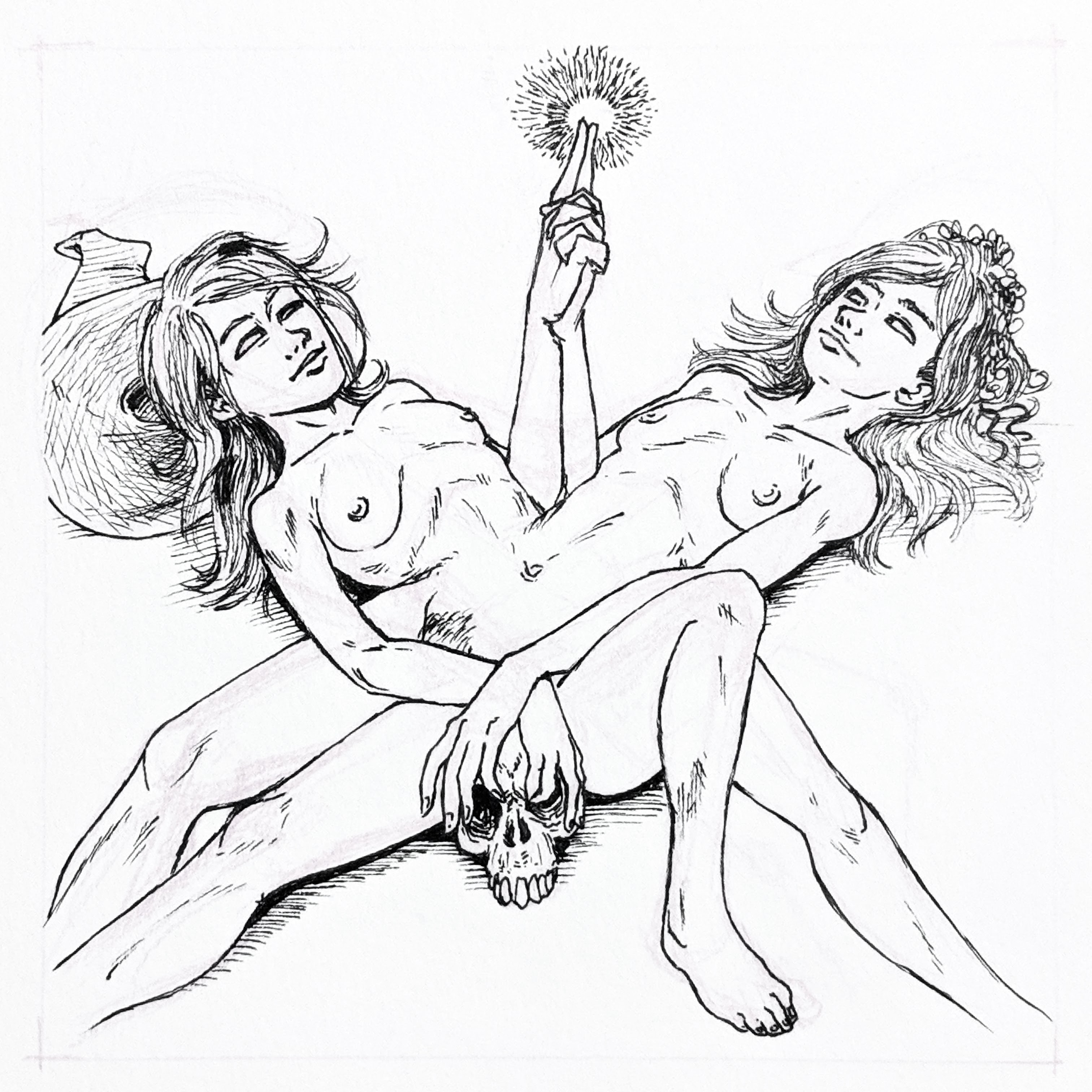 Two naked witches, conjoined perpendicularly at the torso, holding hands and casting a spell, while holding a skull with their other hands