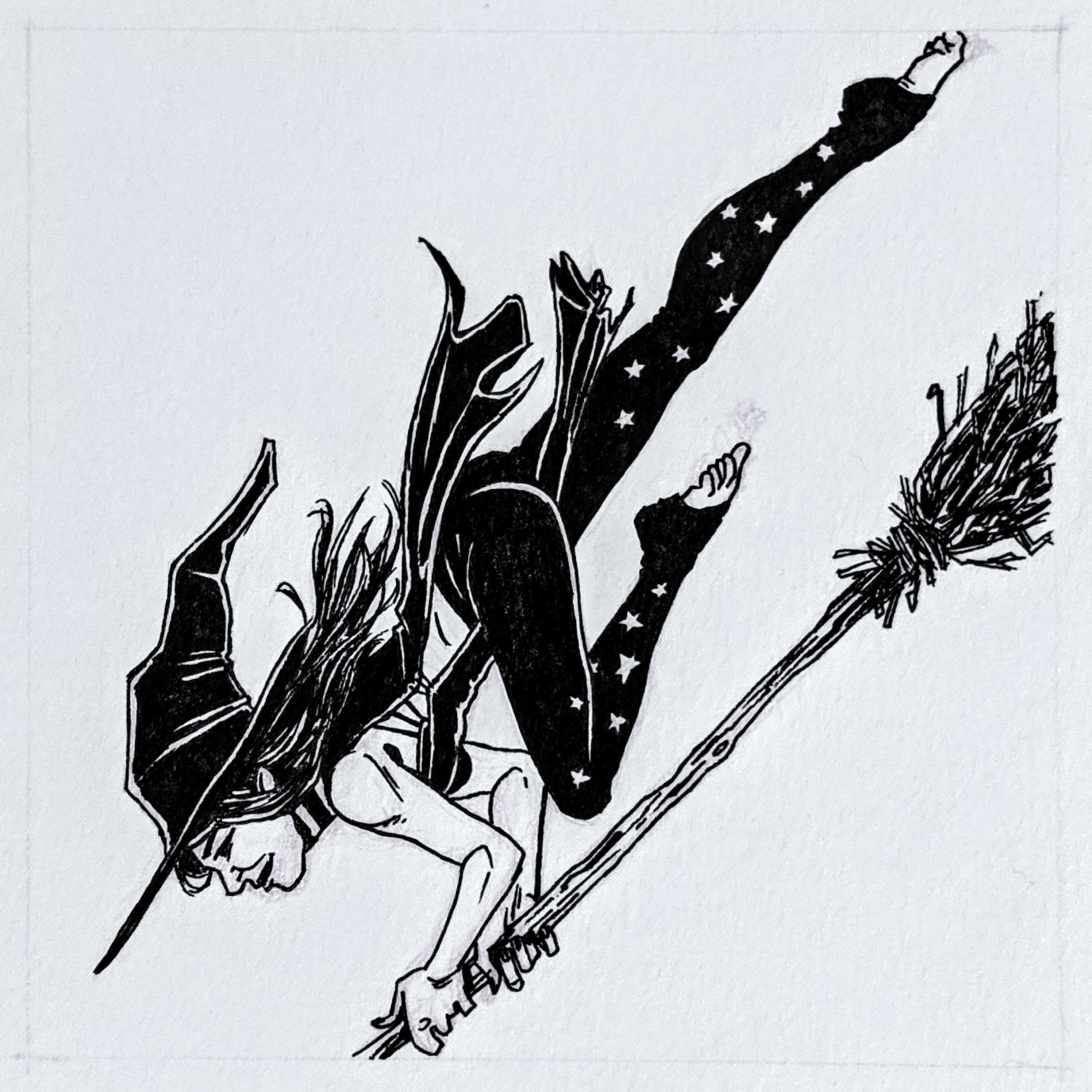 A yoga witch riding a broom, nosediving in flying crow pose