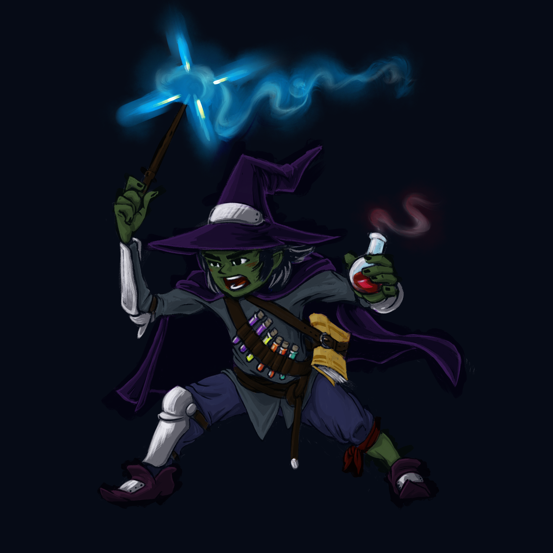 A battle witch in a fighting stance, holding a glowing wand in one hand and a smoking potion vial in the other, with more potions strapped in a bandoleer