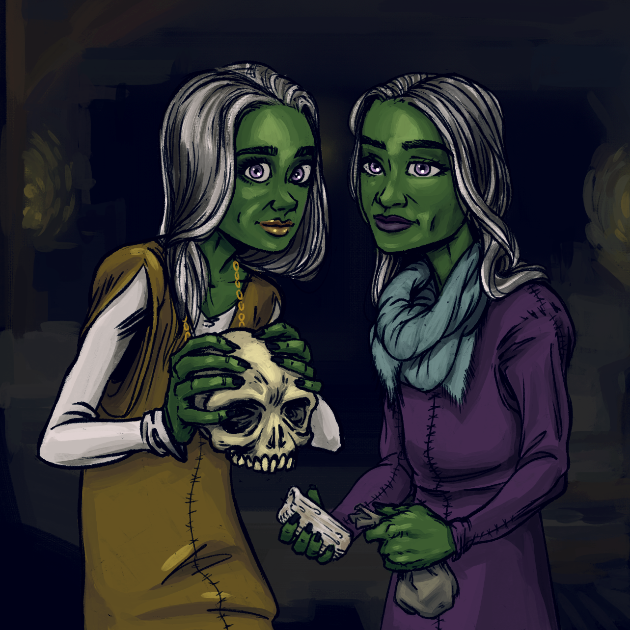 Two sister witches, one holding a skull, the other holding a candle and a small bag