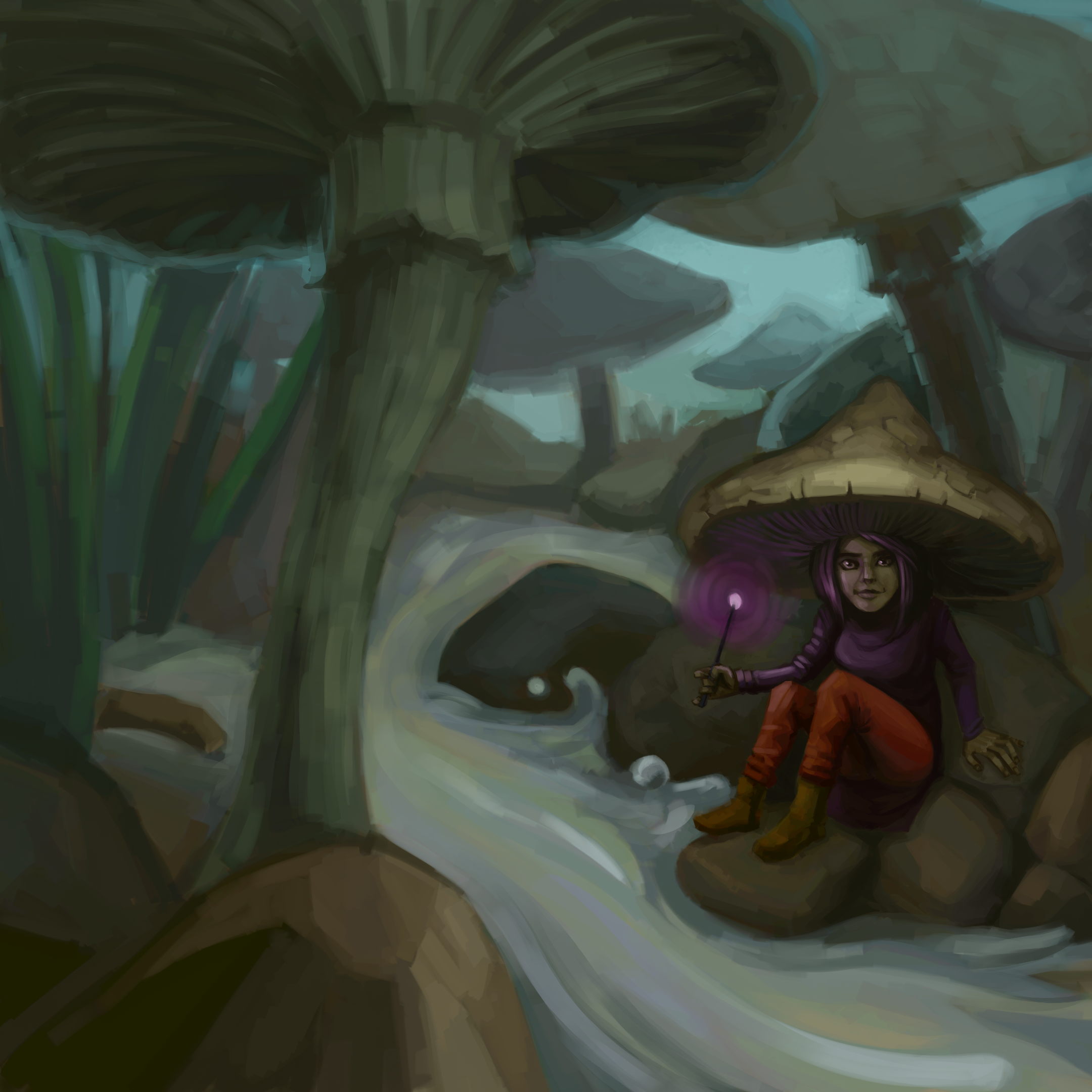 A tiny witch wearing a mushroom cap as a hat, sitting beside a stream running through a forest of mushrooms