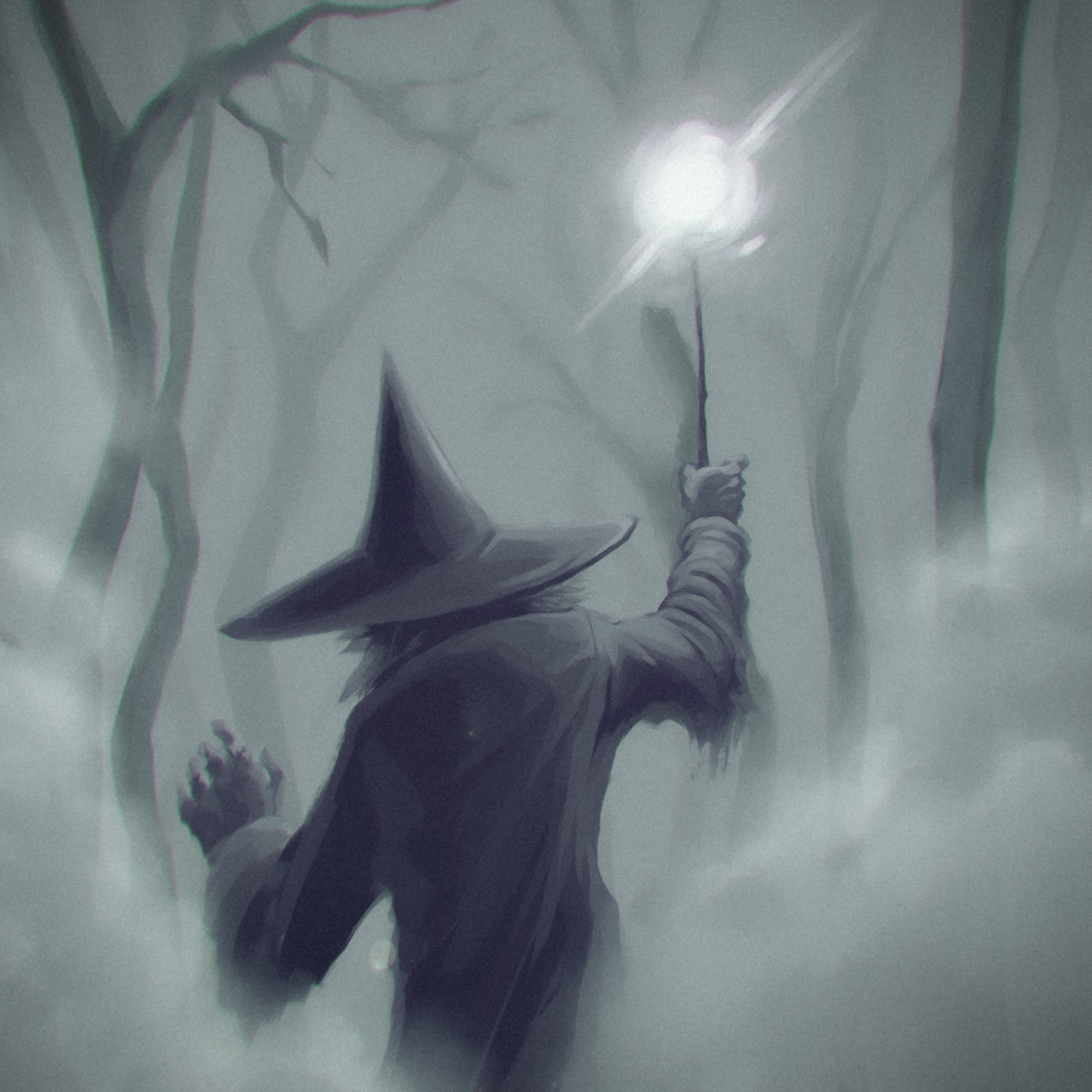 A witch holding their wand aloft, lighting the way as they walk through a densely foggy forest