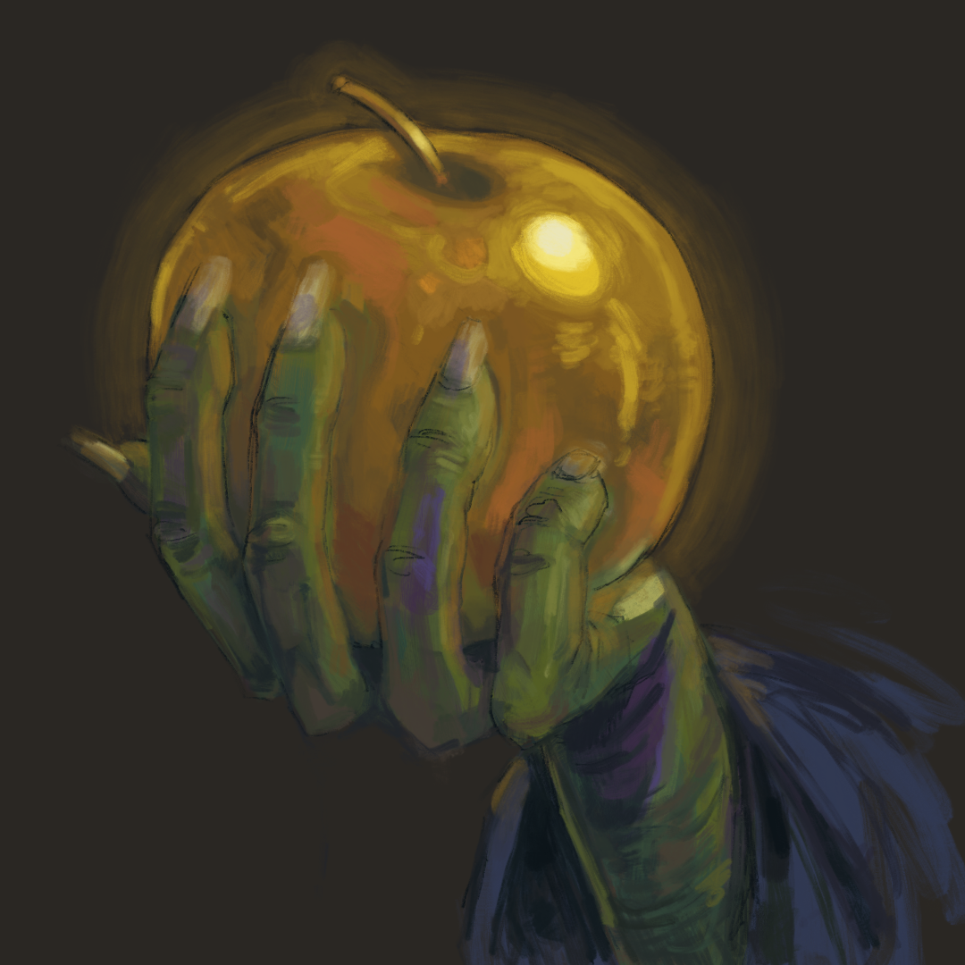 A witch's hand holding a golden apple