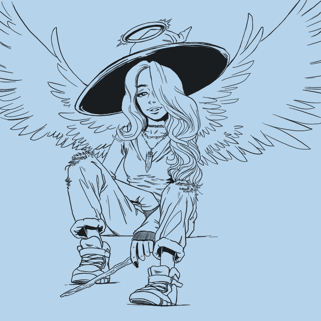 A witch sitting on steps with spread angel wings and a halo, holding a wand