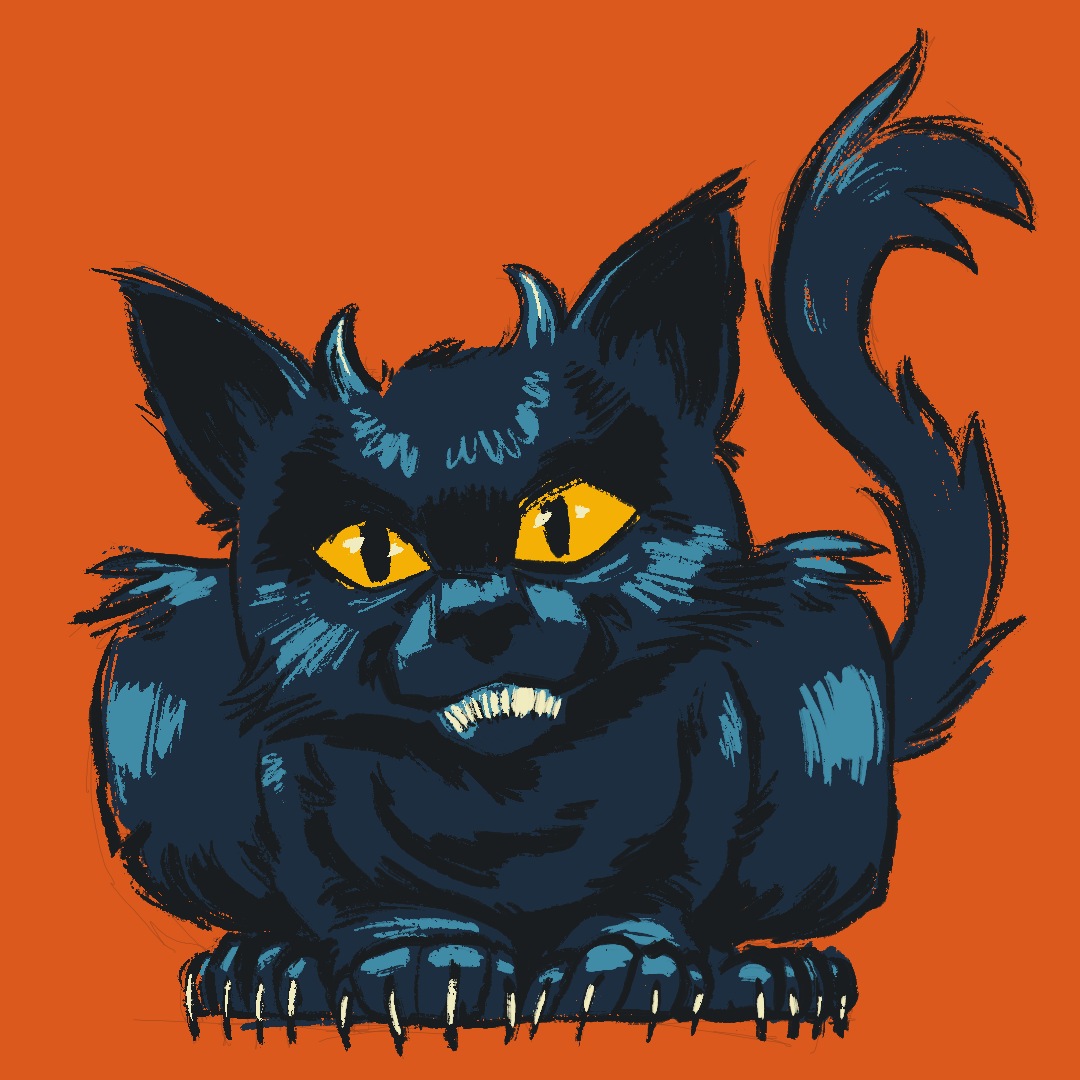 A scruffy demon black cat with horns