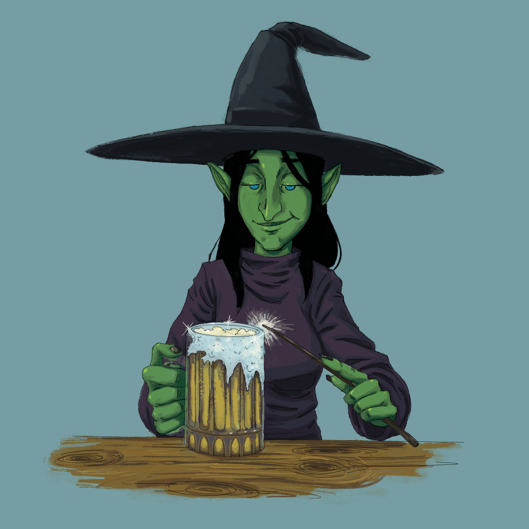 A calm witch tapping their beer stein with their wand, casting a frost spell