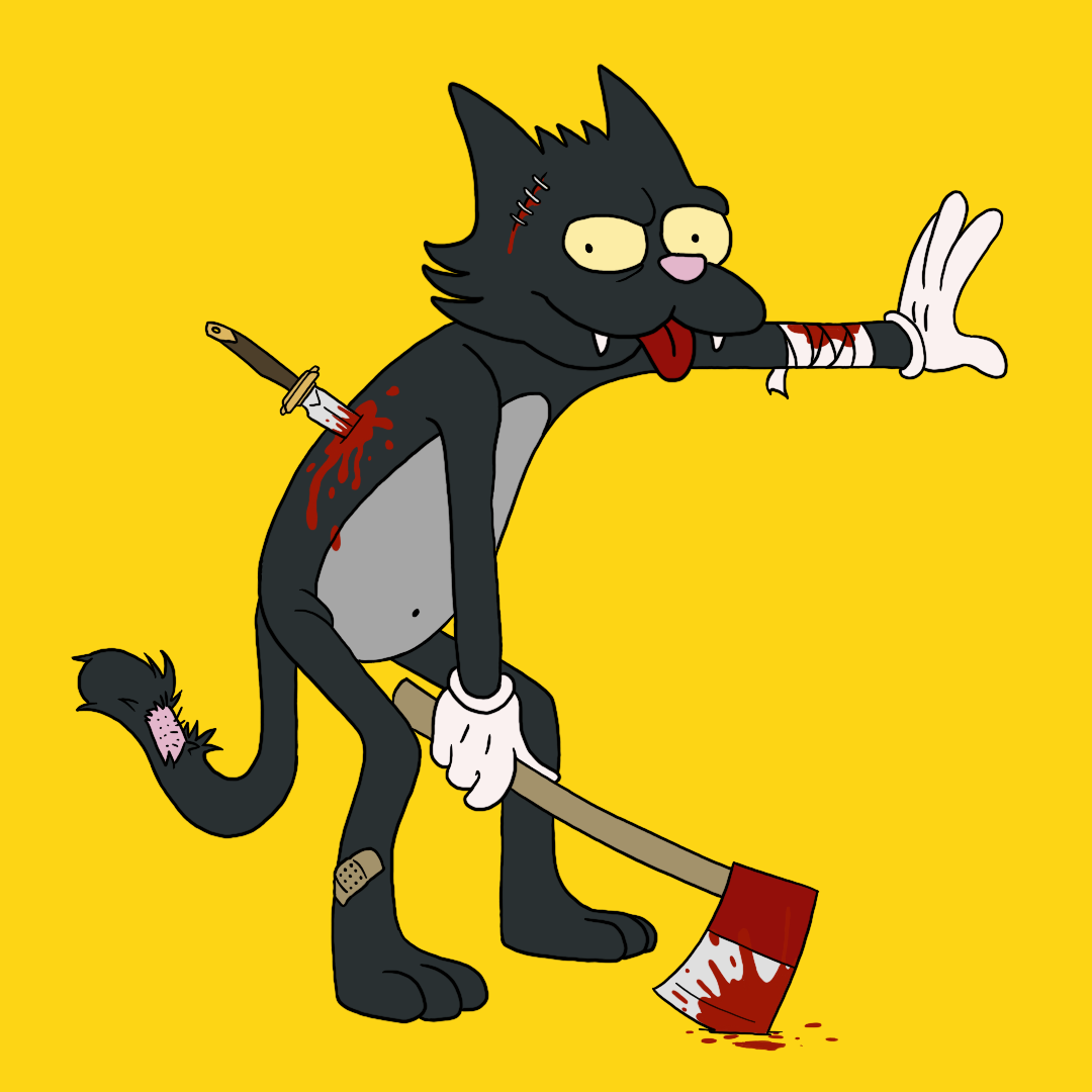 Scratchy the cat from the Simpsons beaten and bloodied, holding a bloody axe