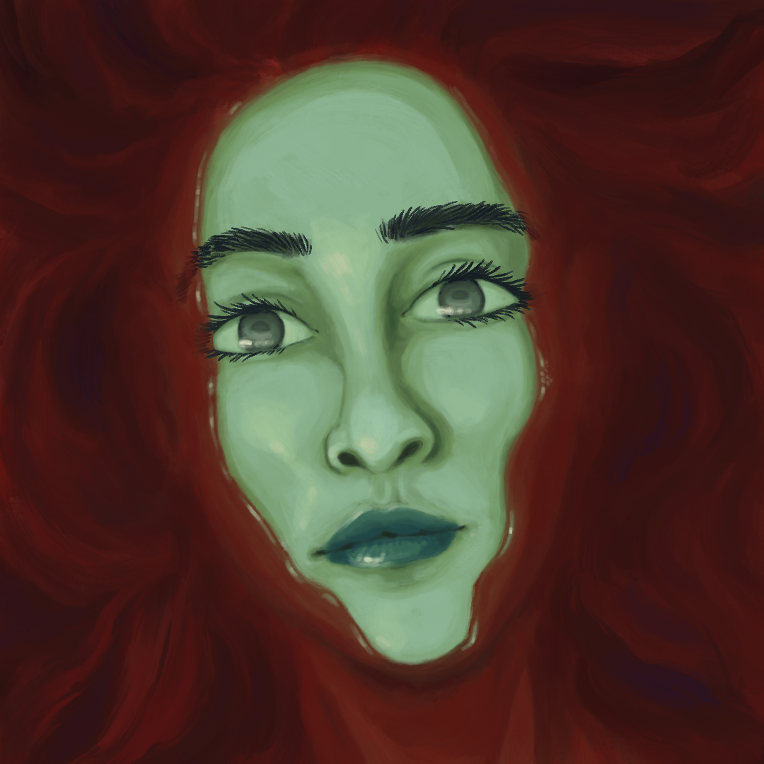 A green witch's face, staring straight up, out of a pool of blood