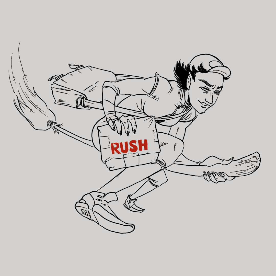 A courier witch on a broom holding a package labeled 'RUSH'