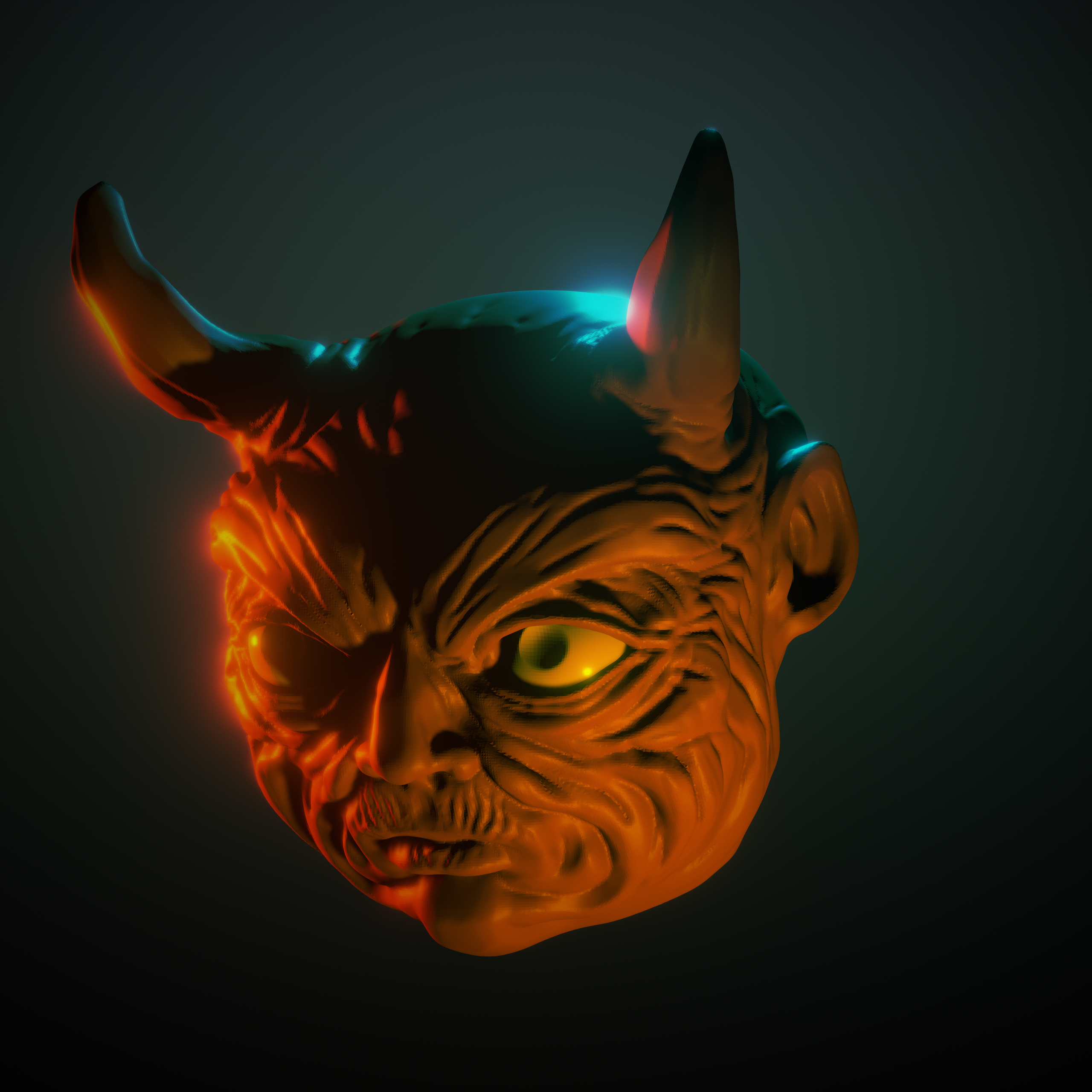 A very round, human-like demon head with horns, floating in a void