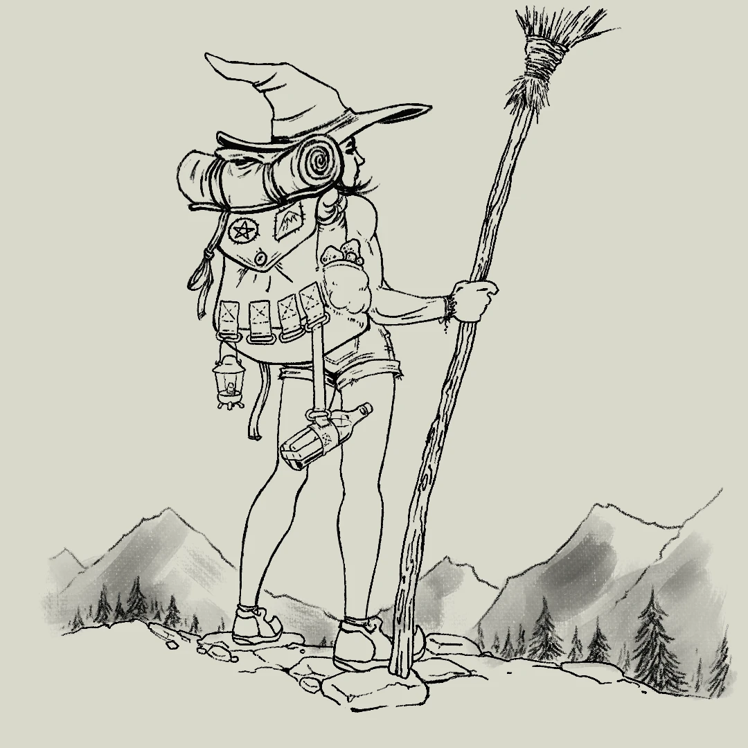 A witch with a large backpack hiking in a mountainous region