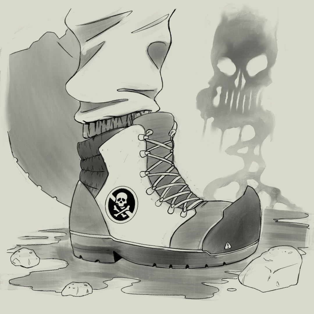 A pair of legs wearing poison-proof boots stepping in a puddle of poison emitting a toxic skull cloud