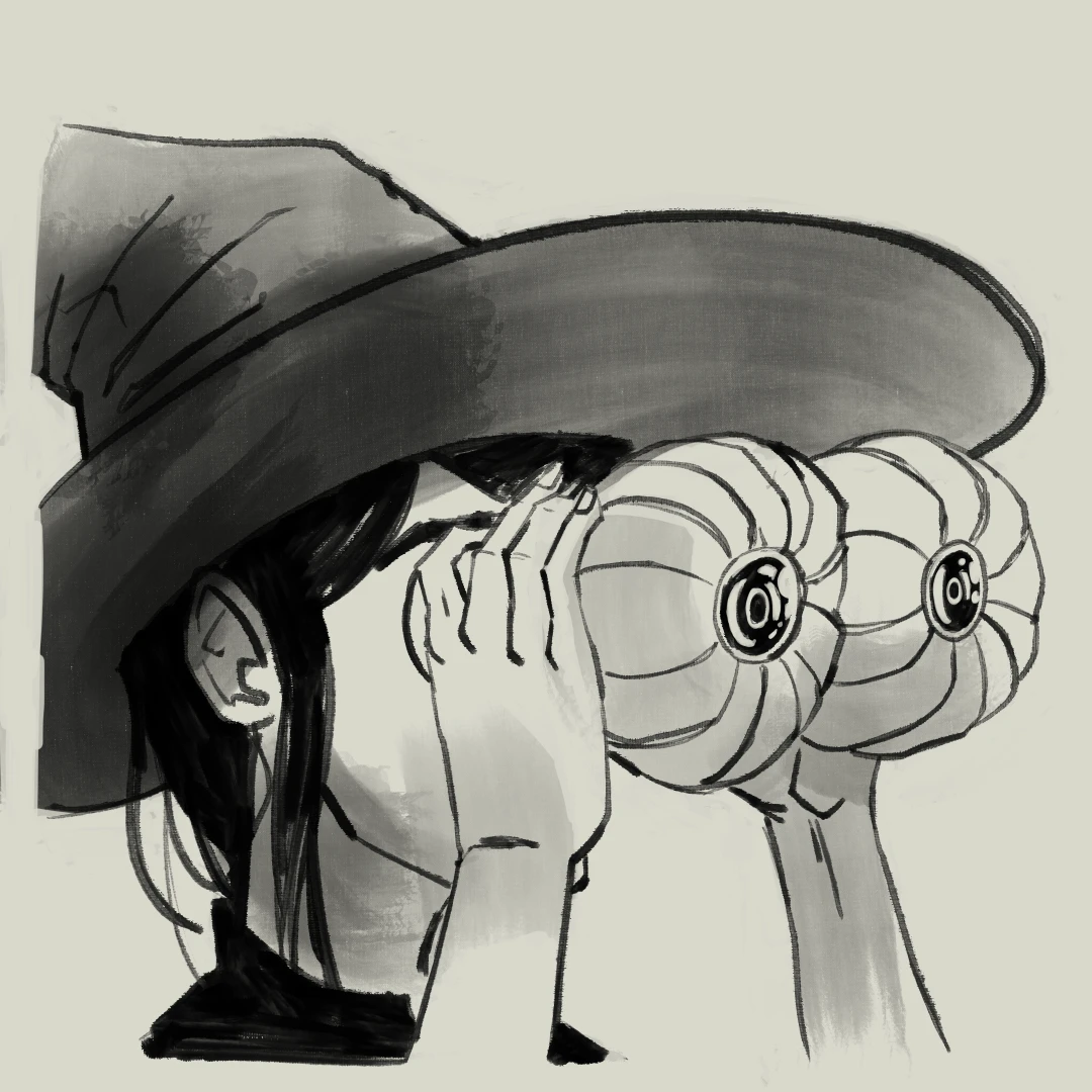 A witch using a pair of gourds with lens in their bottoms as binoculars