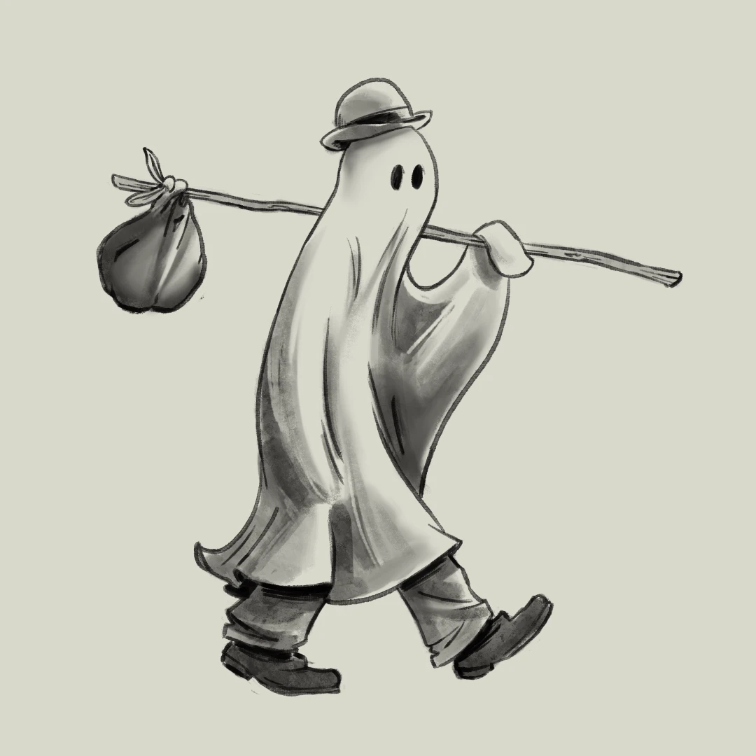 A cartoon-ish sheet ghost carrying a bindle, wearing a bowler hand, and pants with tramp shoes