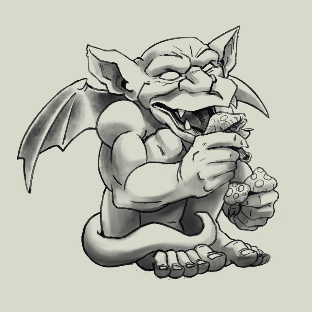 A gargoyle scarfing down mushrooms