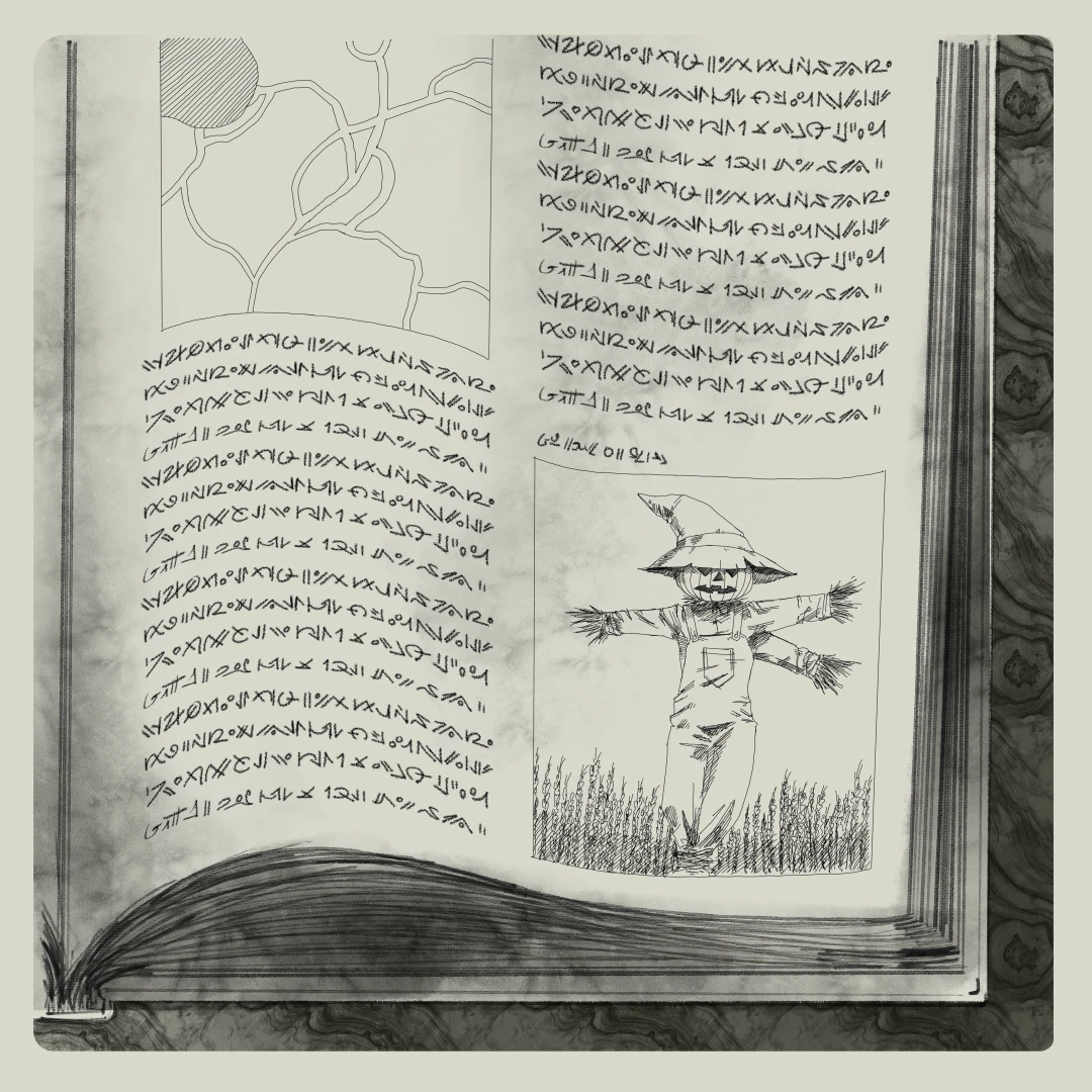 A hardcover bound book with a map and an illustration of a scarecrow, with text in a runic witch language