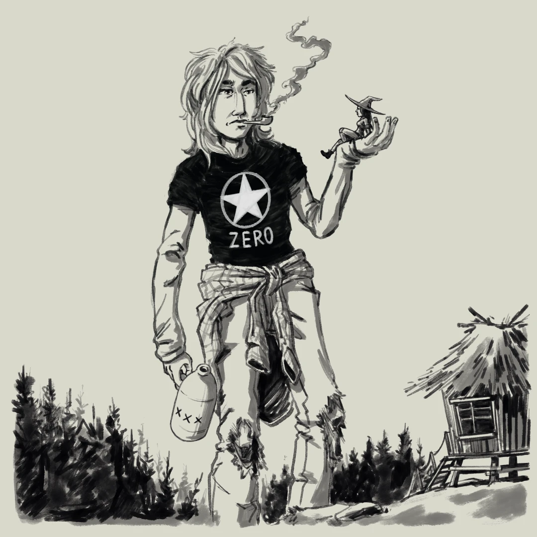 A giant in grunge attire smoking a pipe, holding a witch near her hut